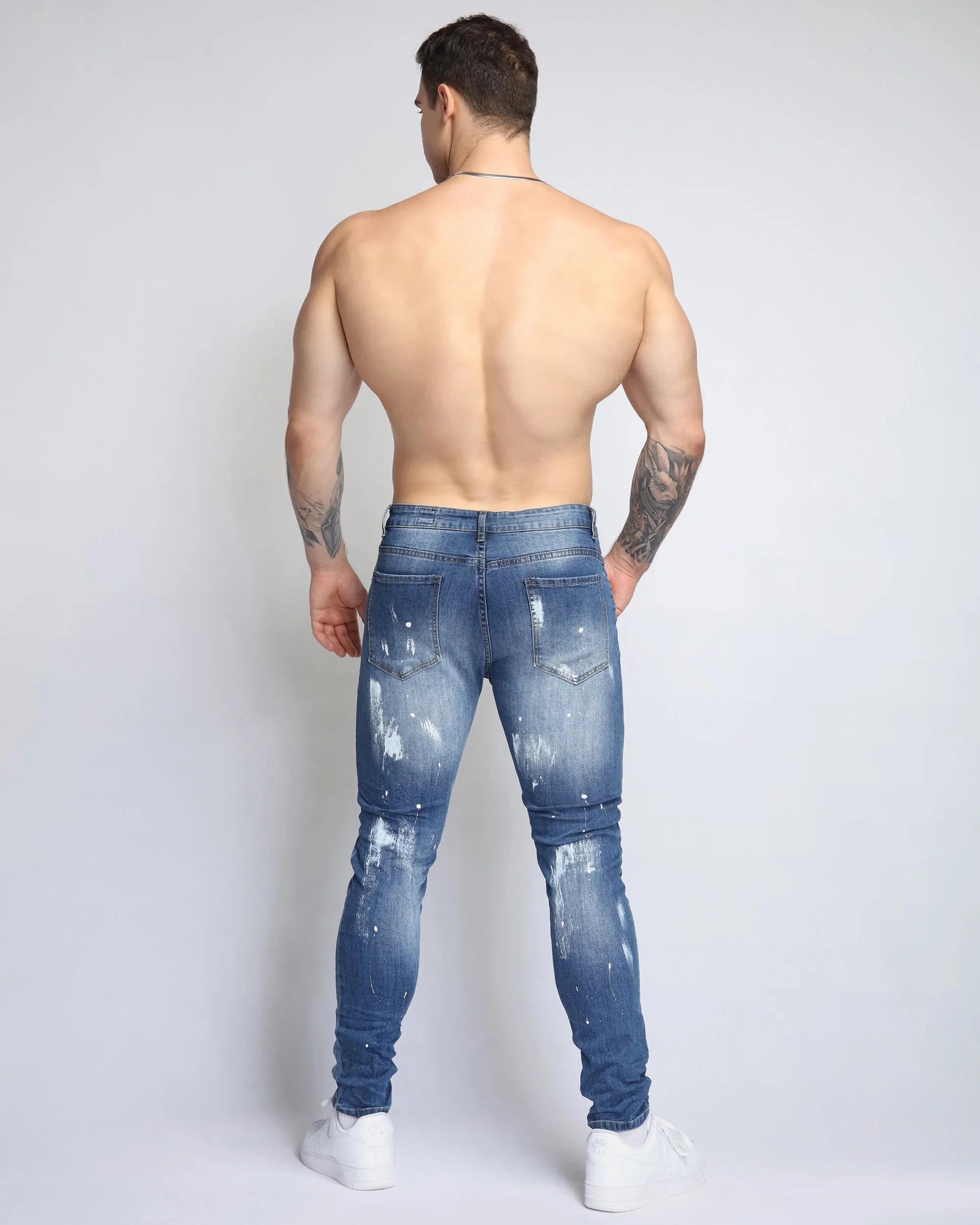 Irregular Paint Blue Ripped Jeans in Medium Wash-Mexico Local Delivery