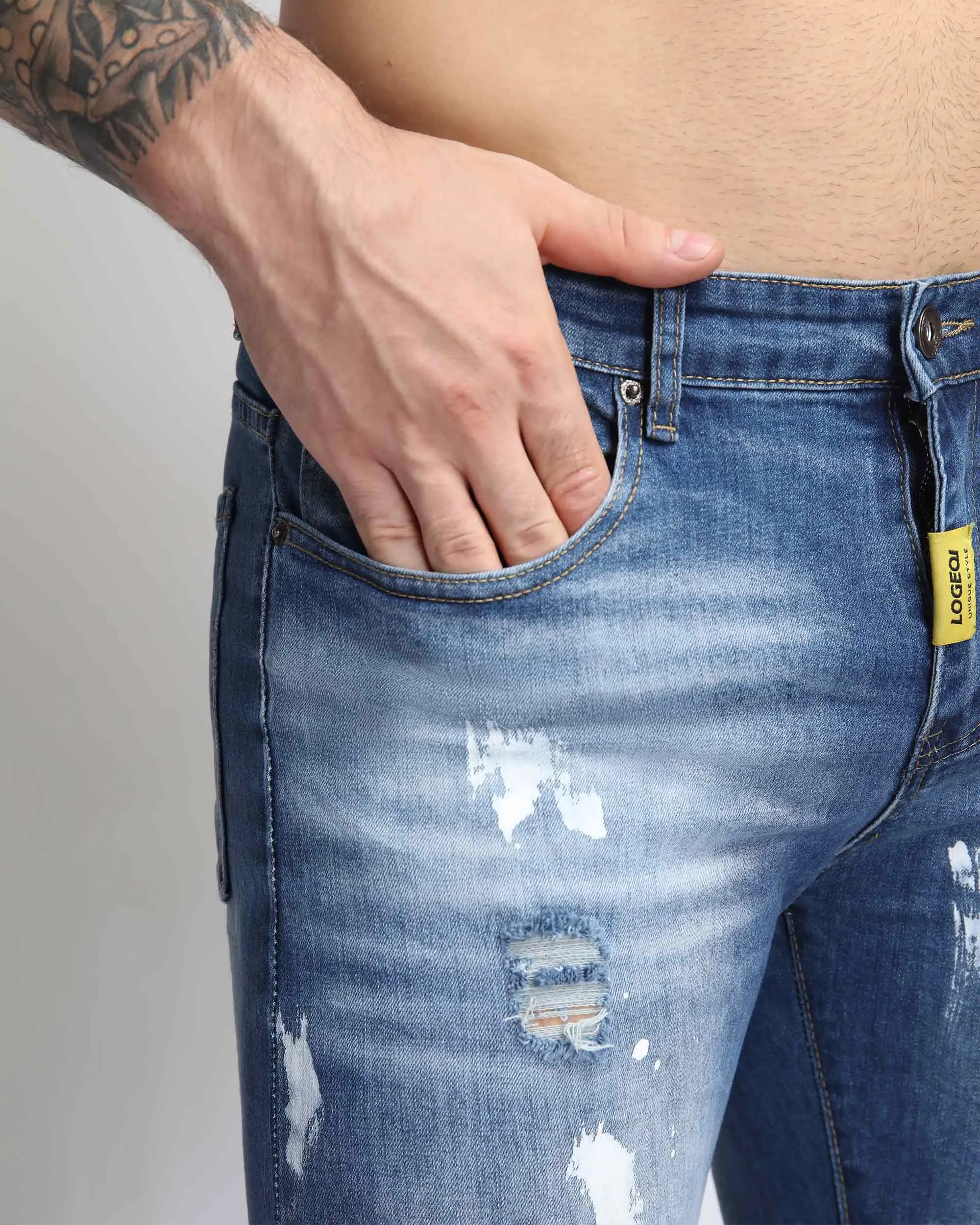 Irregular Paint Blue Ripped Jeans in Medium Wash-Mexico Local Delivery