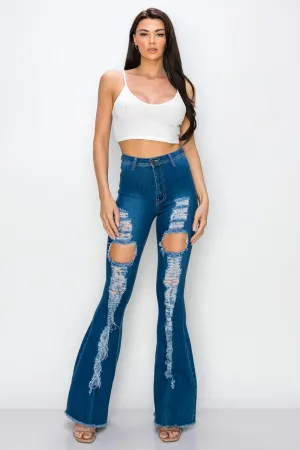JAZZ-055 BELL BOTTOM FLARE LEG RIPPED DISTRESSED & DESTROYED JEANS