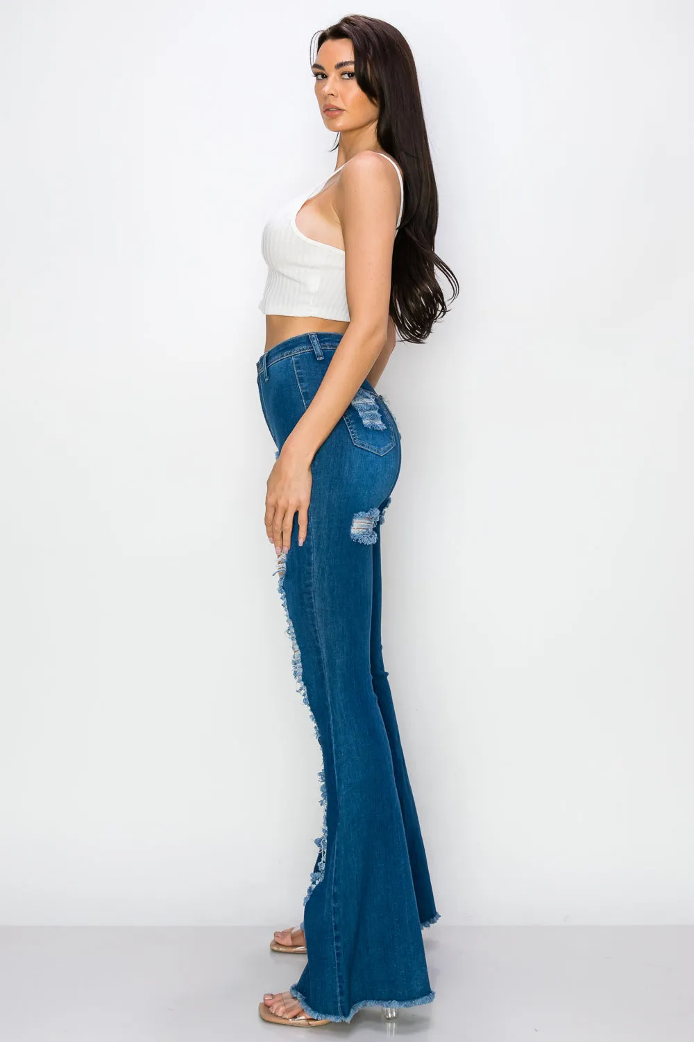 JAZZ-055 BELL BOTTOM FLARE LEG RIPPED DISTRESSED & DESTROYED JEANS