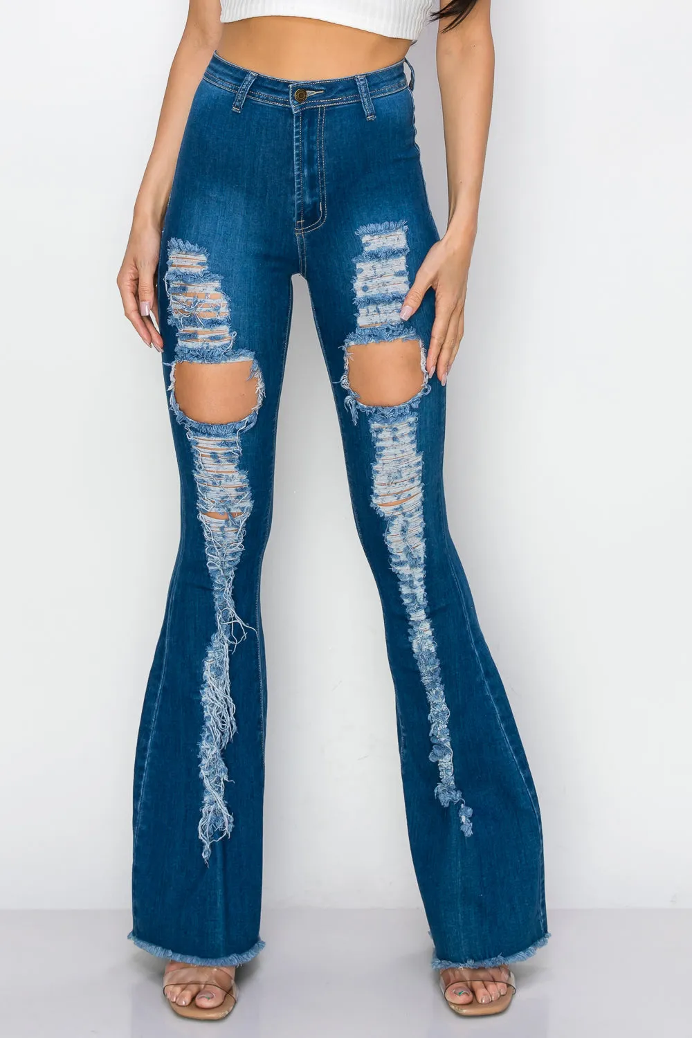 JAZZ-055 BELL BOTTOM FLARE LEG RIPPED DISTRESSED & DESTROYED JEANS