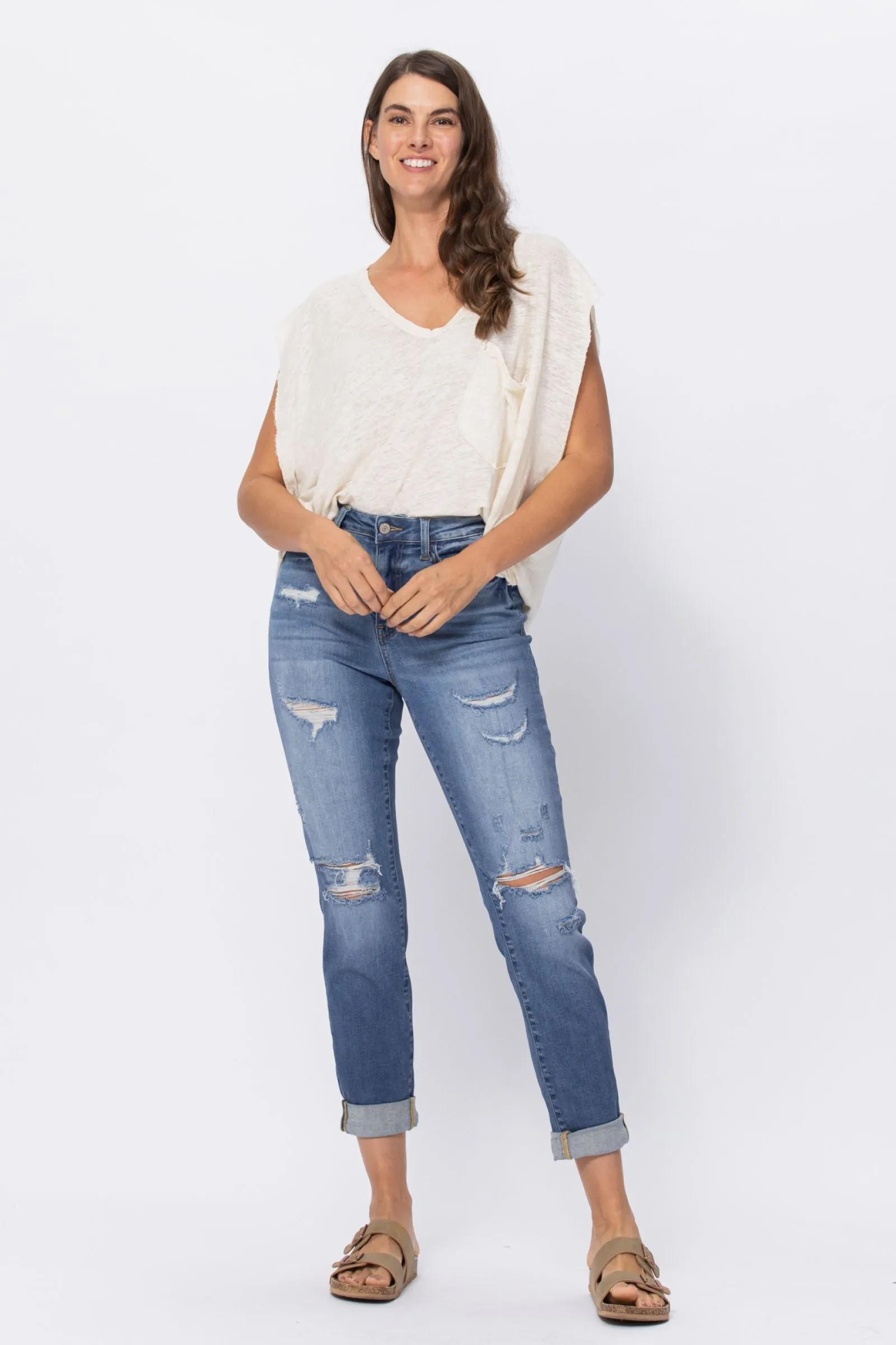Judy Blue High Waist Distressed Boyfriend - Available in Misses and Plus Sizes