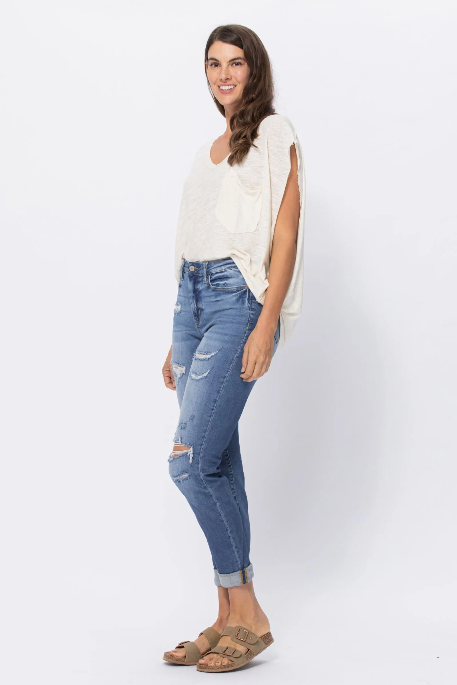 Judy Blue High Waist Distressed Boyfriend - Available in Misses and Plus Sizes