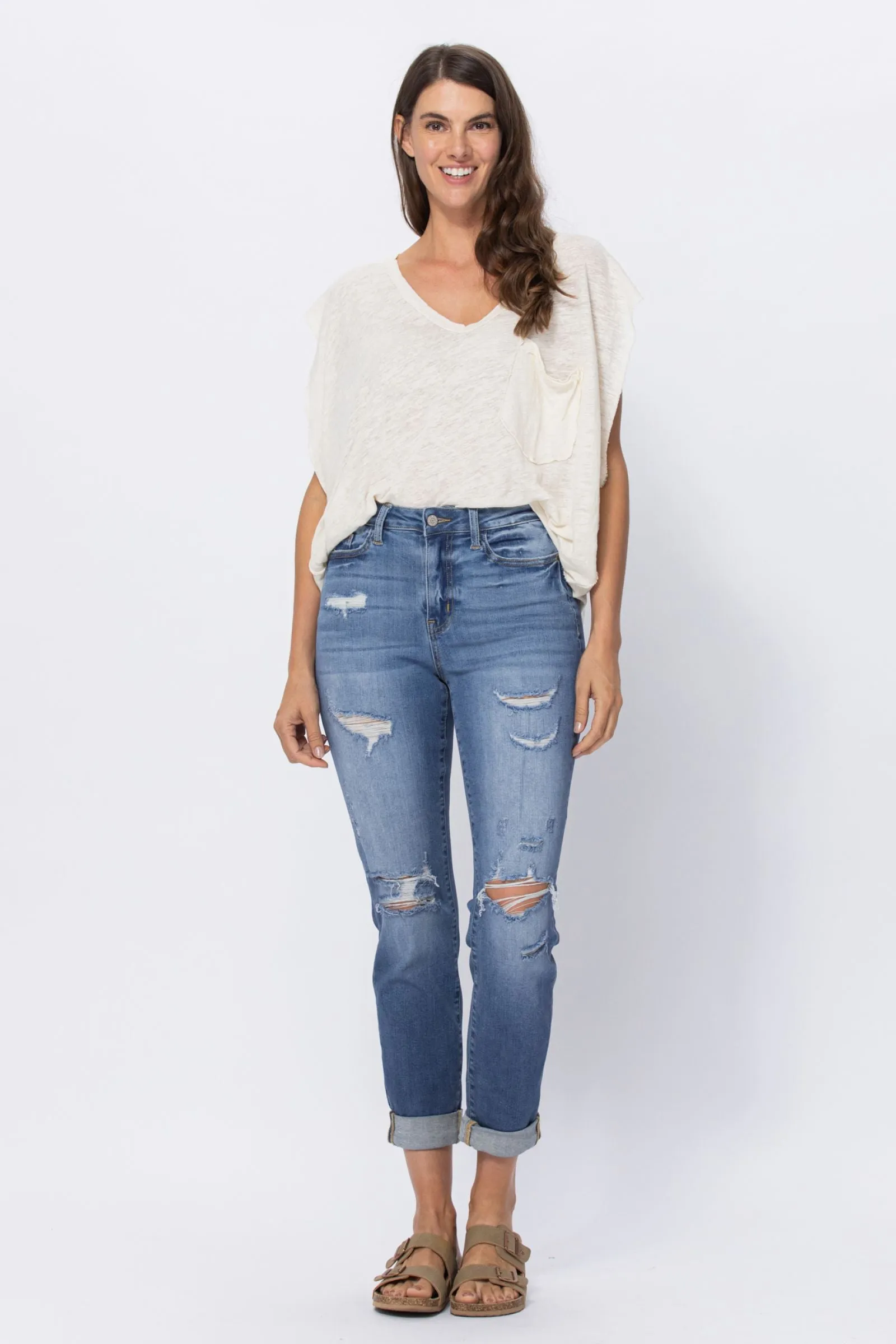 Judy Blue High Waist Distressed Boyfriend - Available in Misses and Plus Sizes