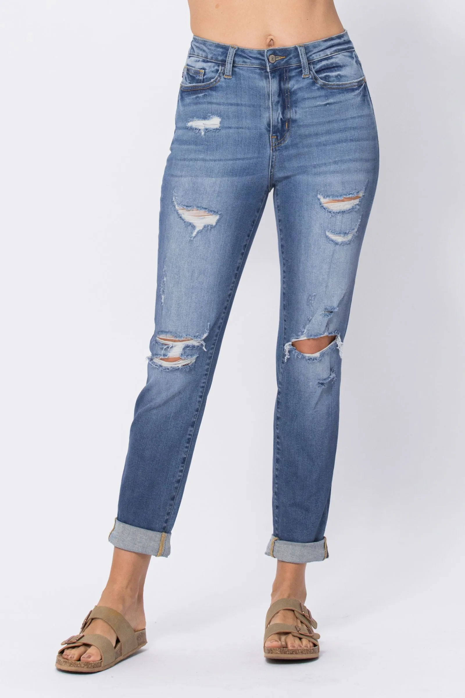 Judy Blue High Waist Distressed Boyfriend - Available in Misses and Plus Sizes