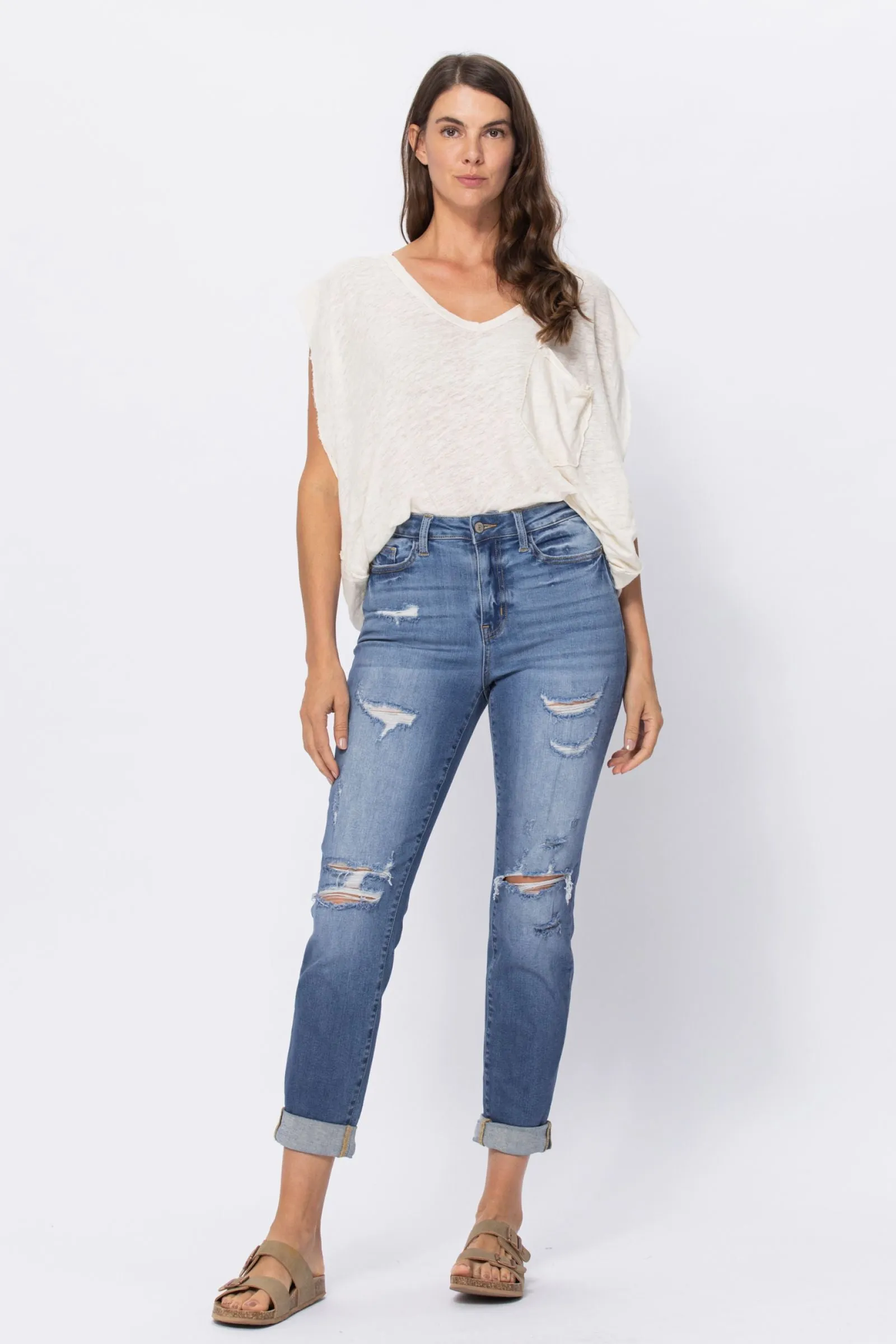 Judy Blue High Waist Distressed Boyfriend - Available in Misses and Plus Sizes