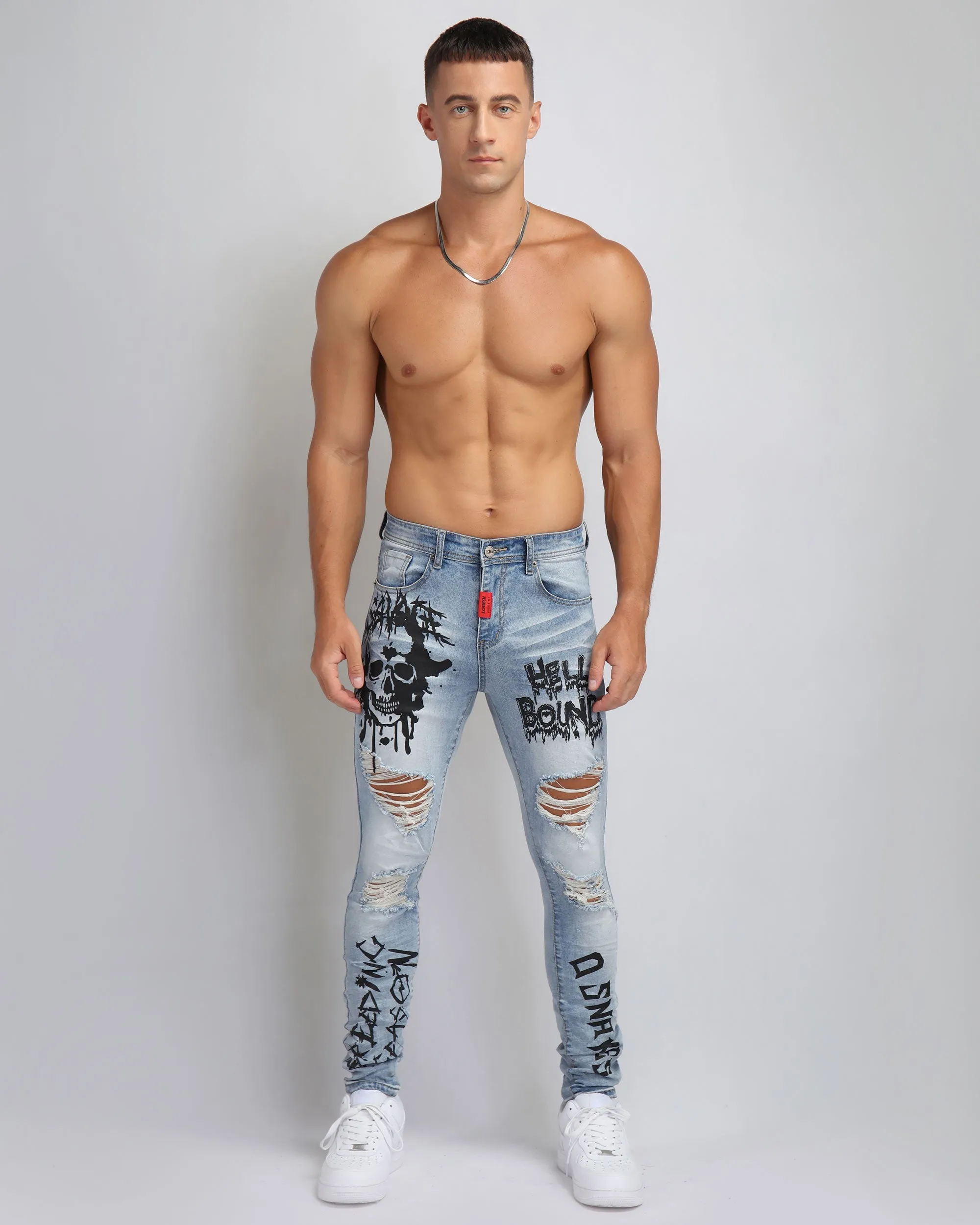 Large Ripped Blue Jeans with Skull Design-Mexico Local Delivery