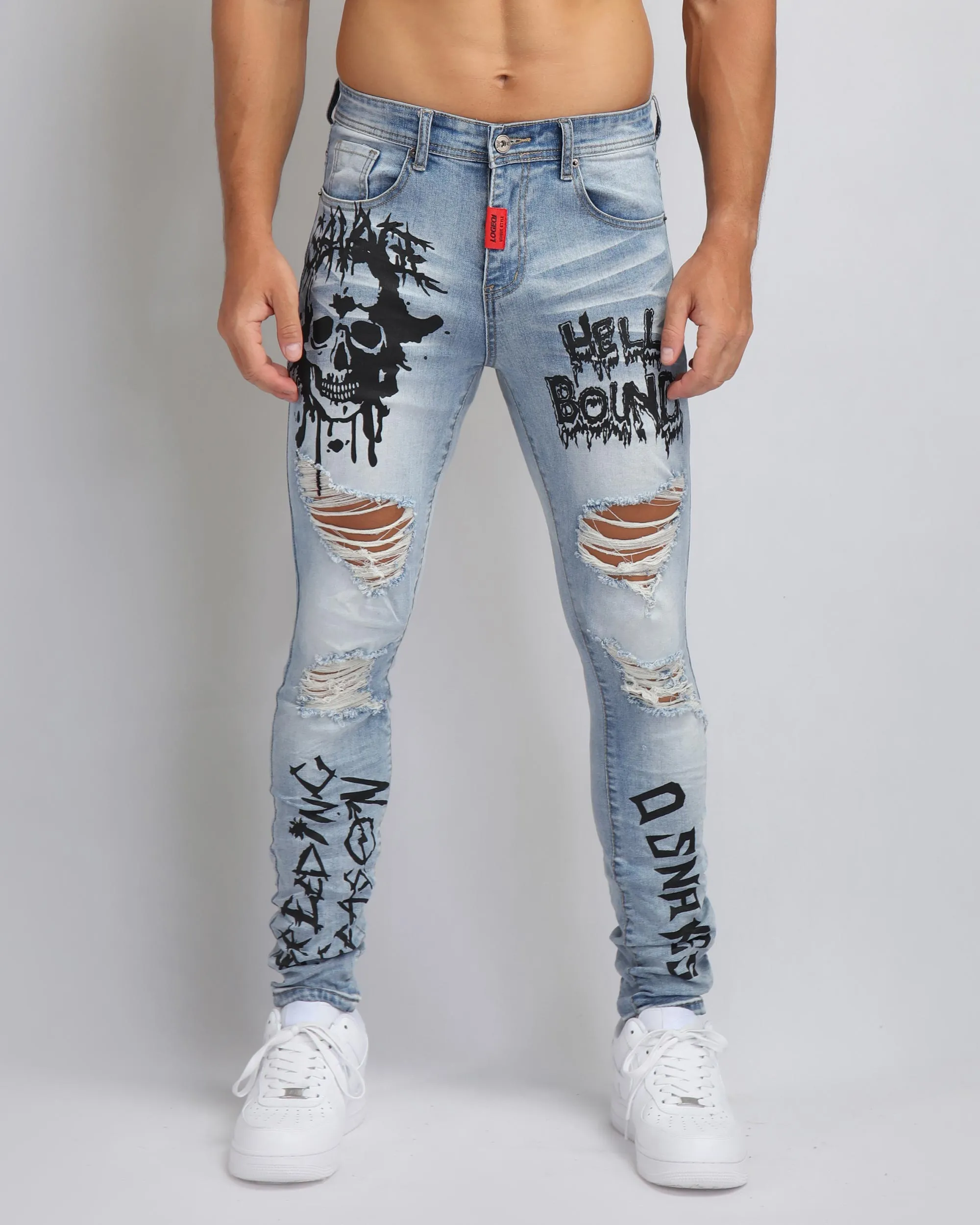 Large Ripped Blue Jeans with Skull Design-Mexico Local Delivery