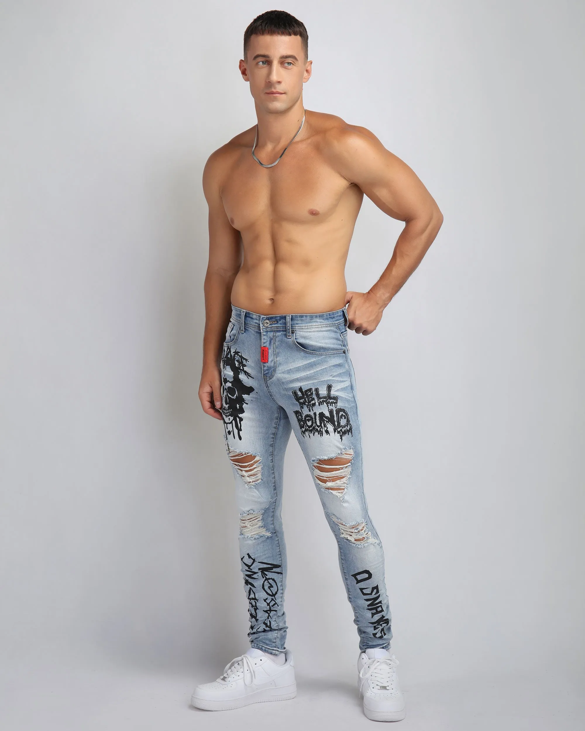 Large Ripped Blue Jeans with Skull Design-Mexico Local Delivery