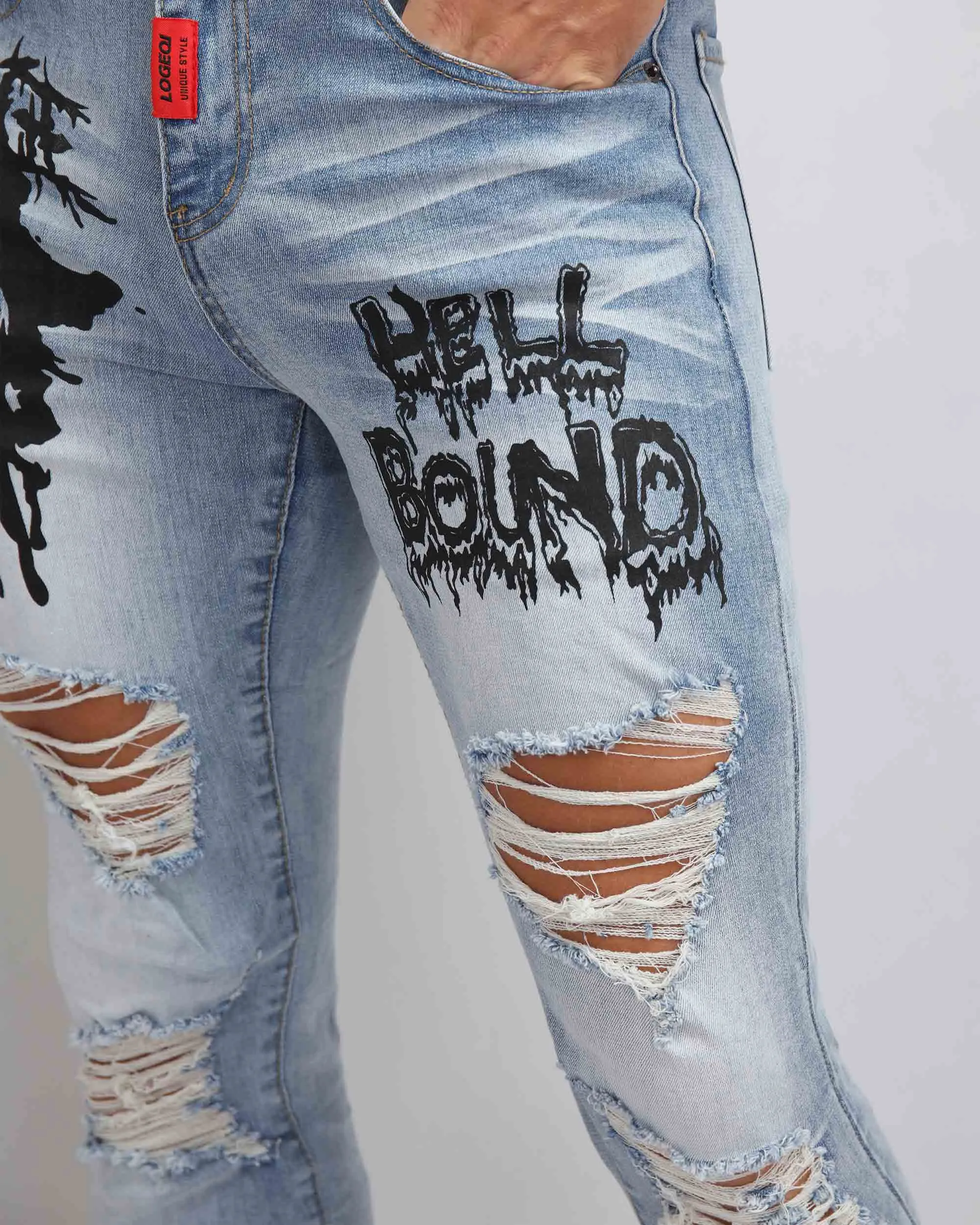 Large Ripped Blue Jeans with Skull Design-Mexico Local Delivery