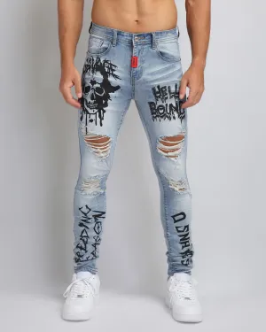 Large Ripped Blue Jeans with Skull Design-Mexico Local Delivery