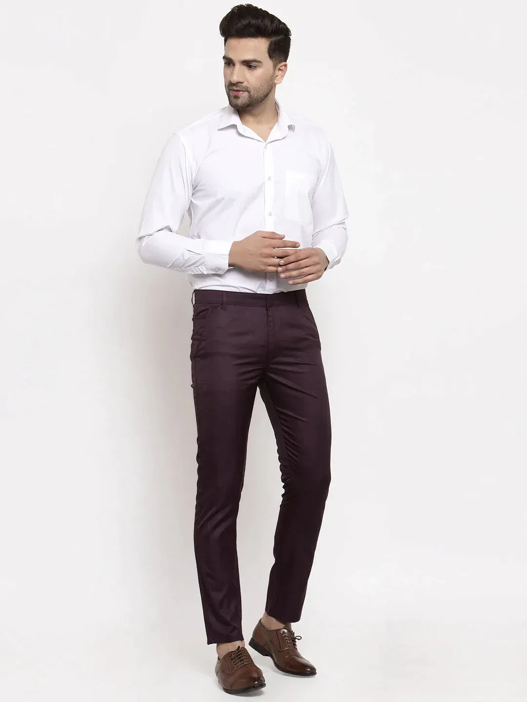 Men'S Purple Cotton Solid Formal Trousers