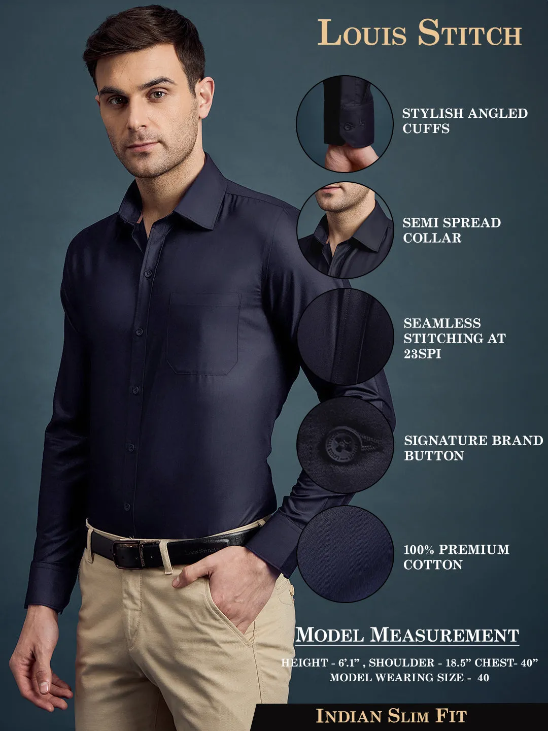 Men's Slim Fit Solid Navy Formal Shirt