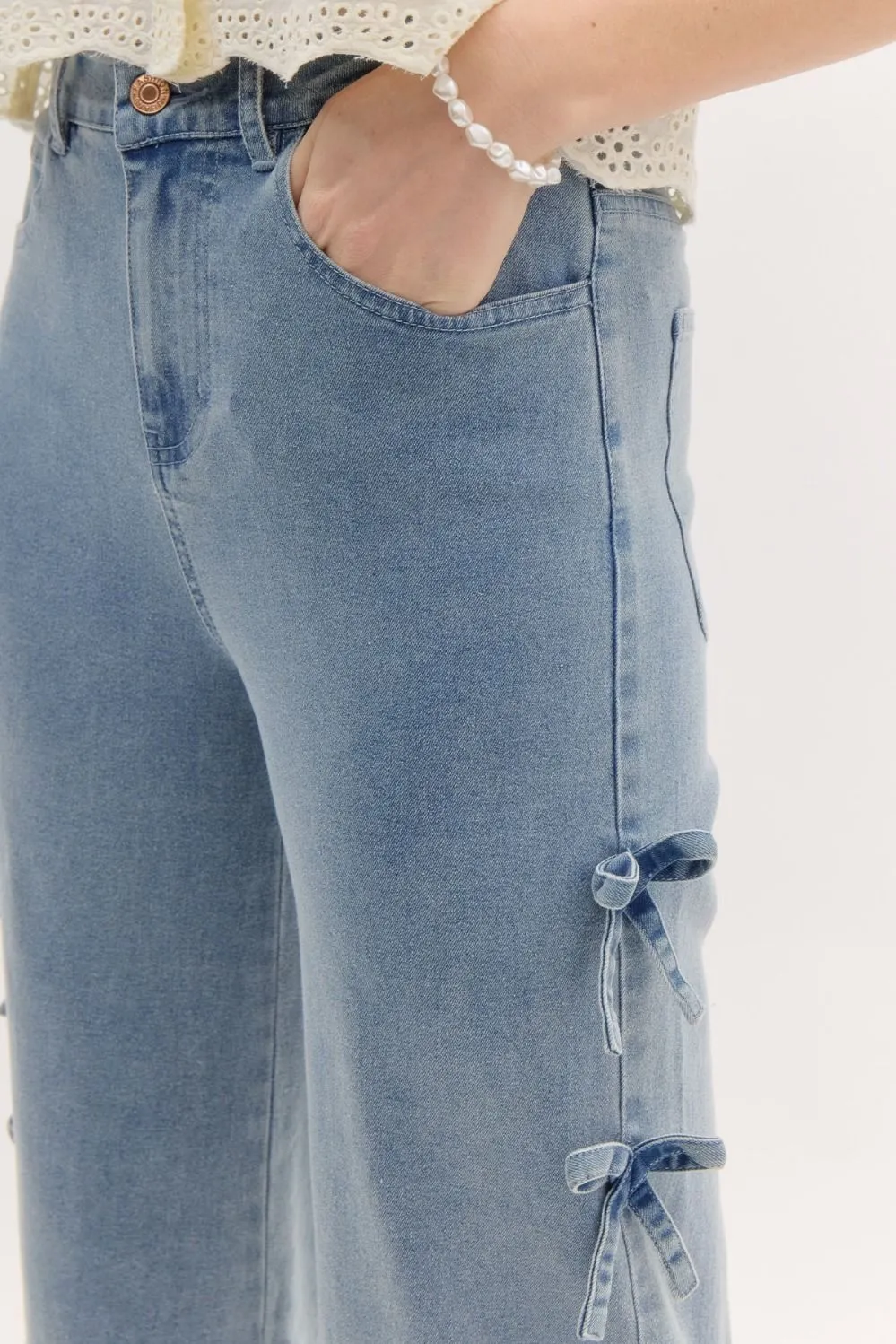 Mid Rise Crop Bow Jeans