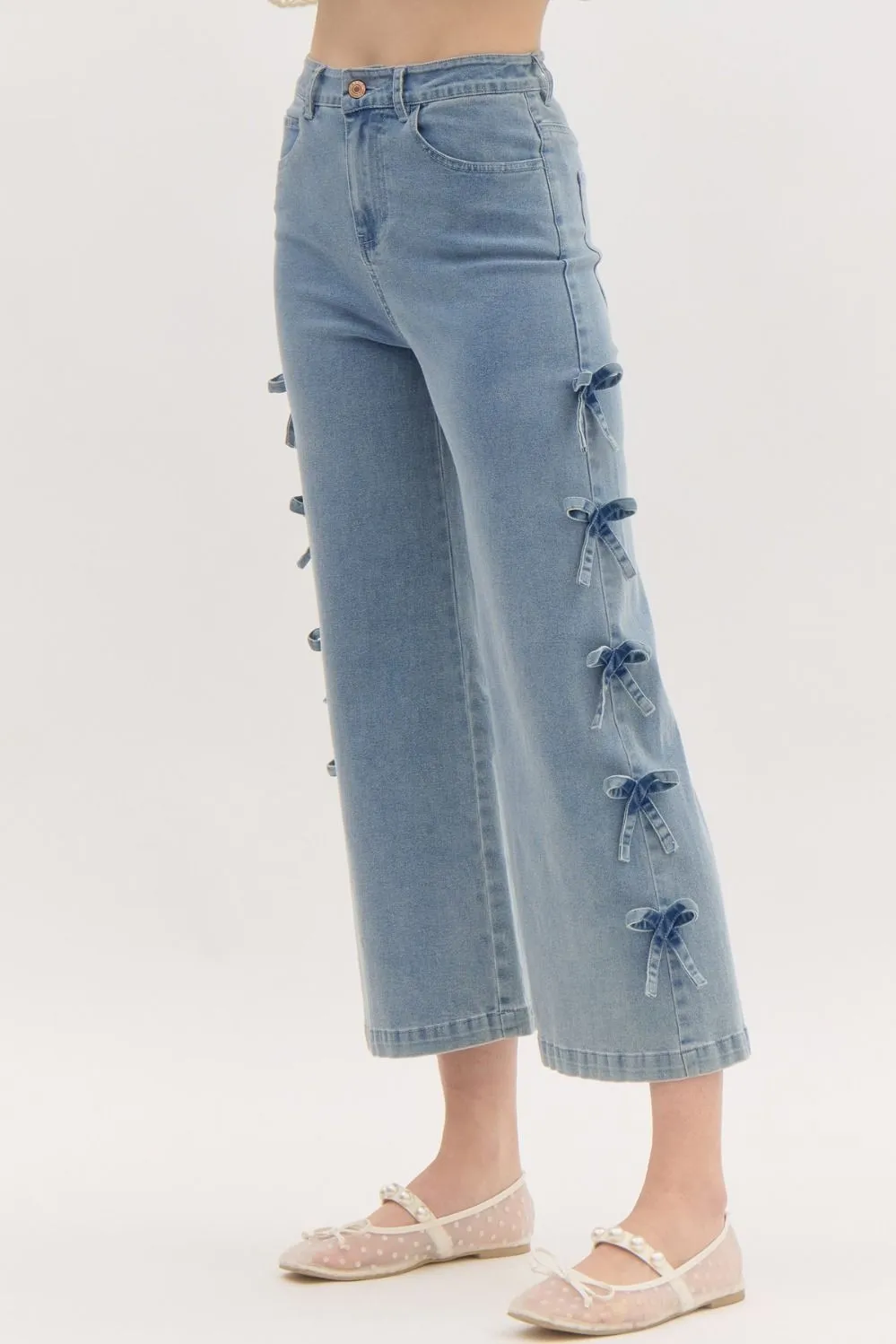 Mid Rise Crop Bow Jeans