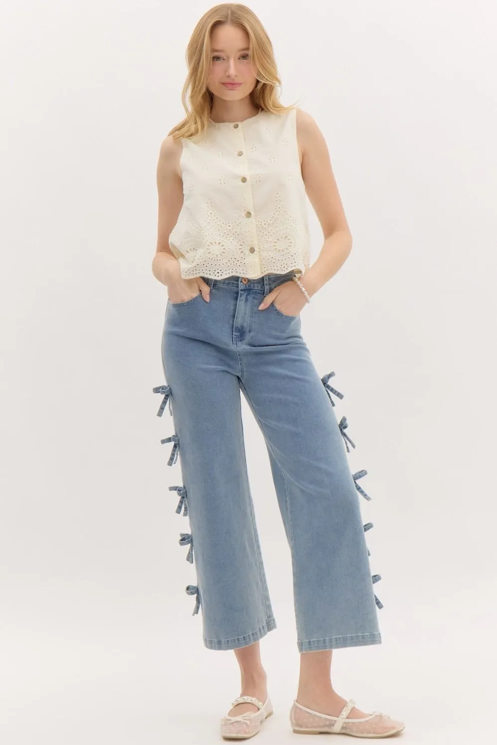 Mid Rise Crop Bow Jeans