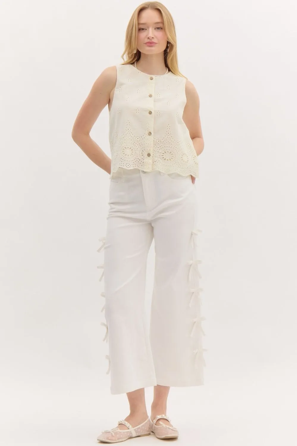 Mid Rise Crop Bow Jeans