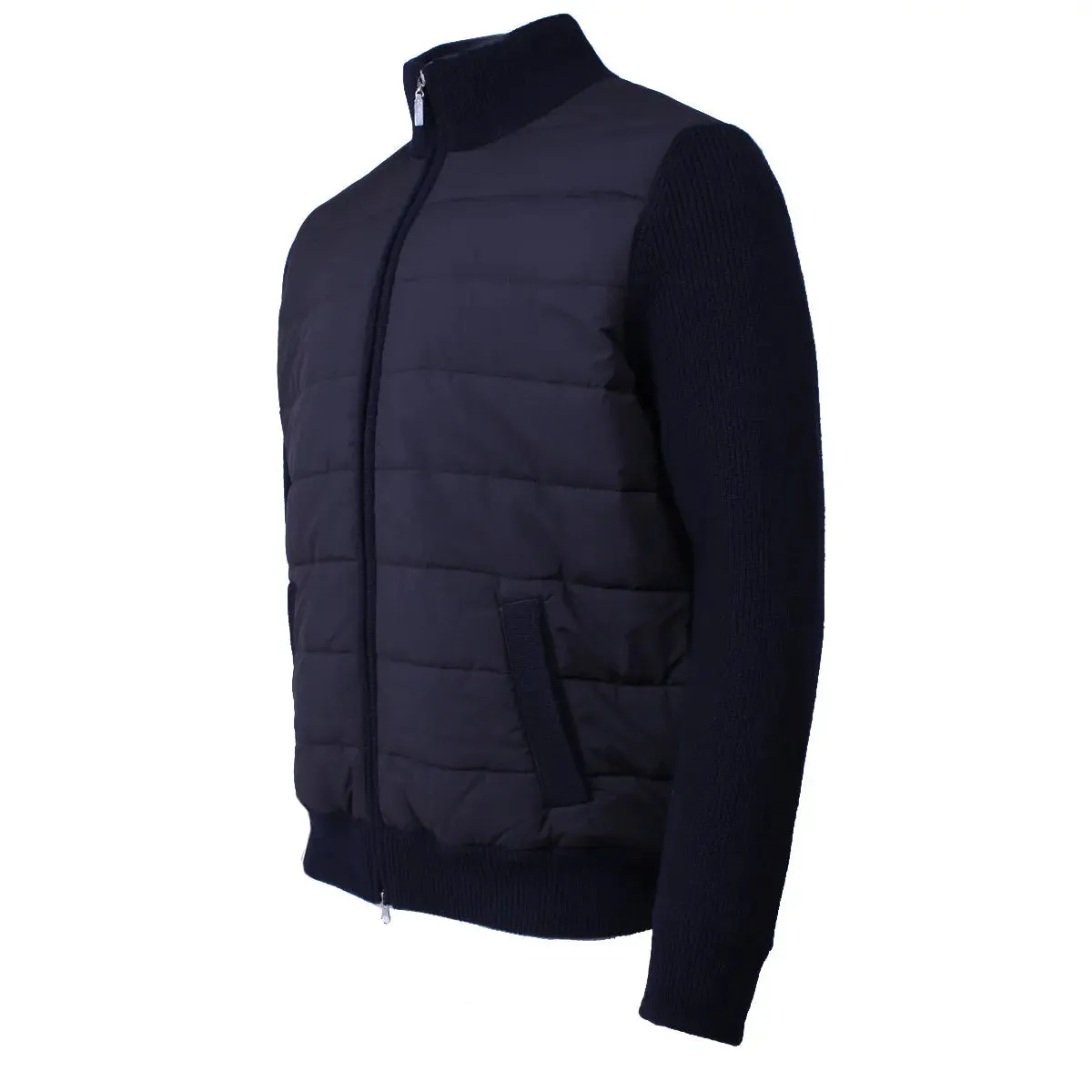 Navy Nylon Panelled Wool Cardigan