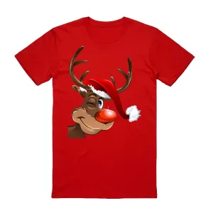 NNEDSZ 100% Cotton Christmas T-shirt Adult Unisex Tee Tops Funny Santa Party Custume, Reindeer Wink (Red), S