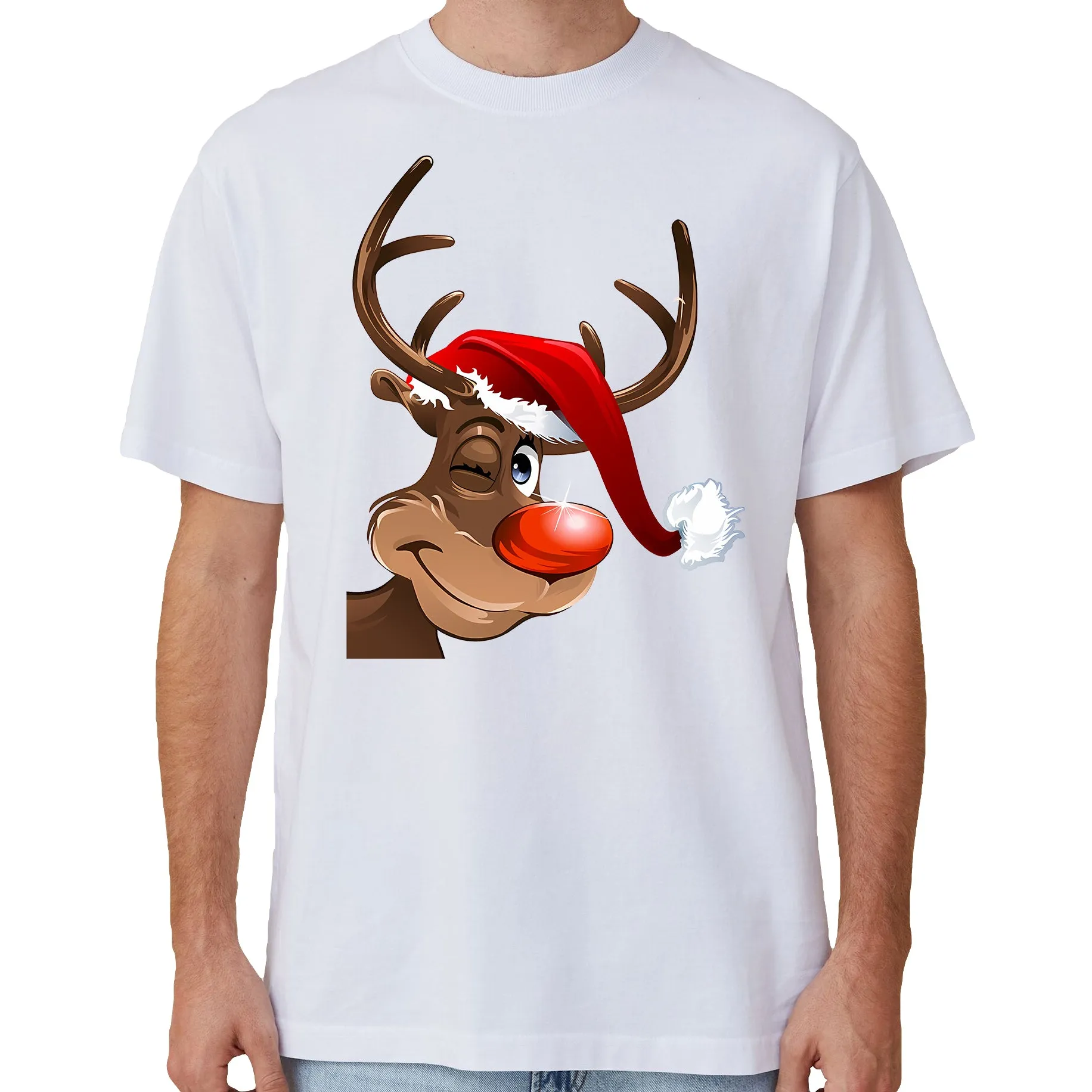 NNEDSZ 100% Cotton Christmas T-shirt Adult Unisex Tee Tops Funny Santa Party Custume, Reindeer Wink (White), XL