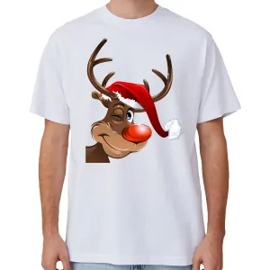 NNEDSZ 100% Cotton Christmas T-shirt Adult Unisex Tee Tops Funny Santa Party Custume, Reindeer Wink (White), XL