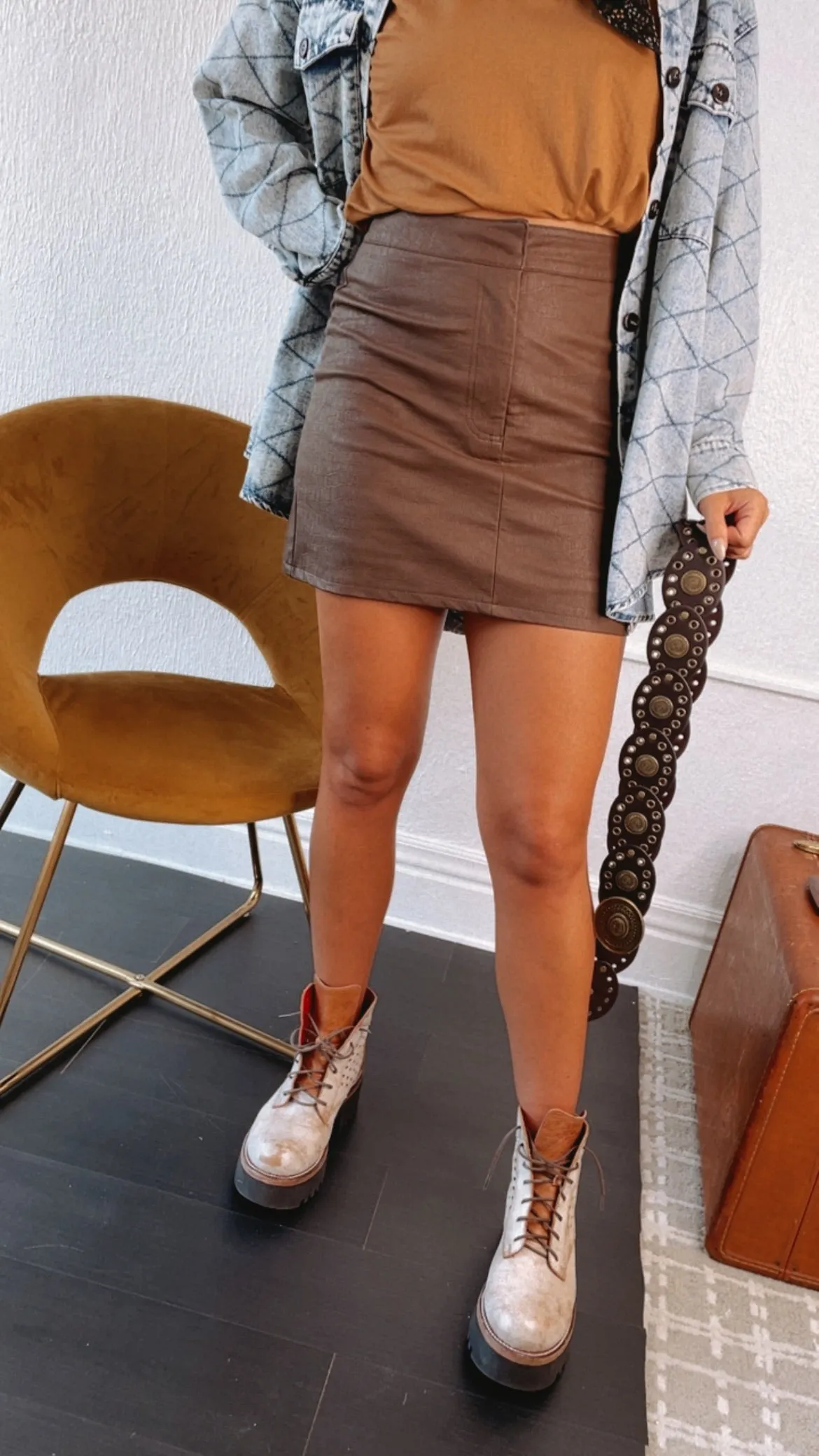 On Edge Faux Leather Skirt, Brown