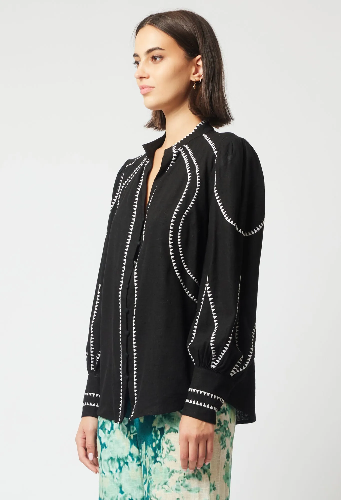 Once Was Meridian Placement Embroidered Shirt | Black