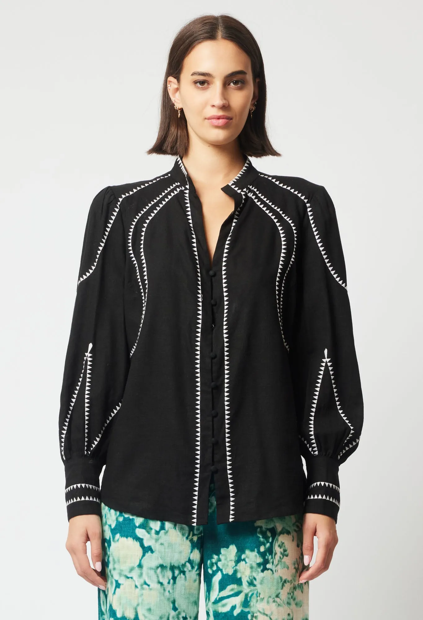 Once Was Meridian Placement Embroidered Shirt | Black
