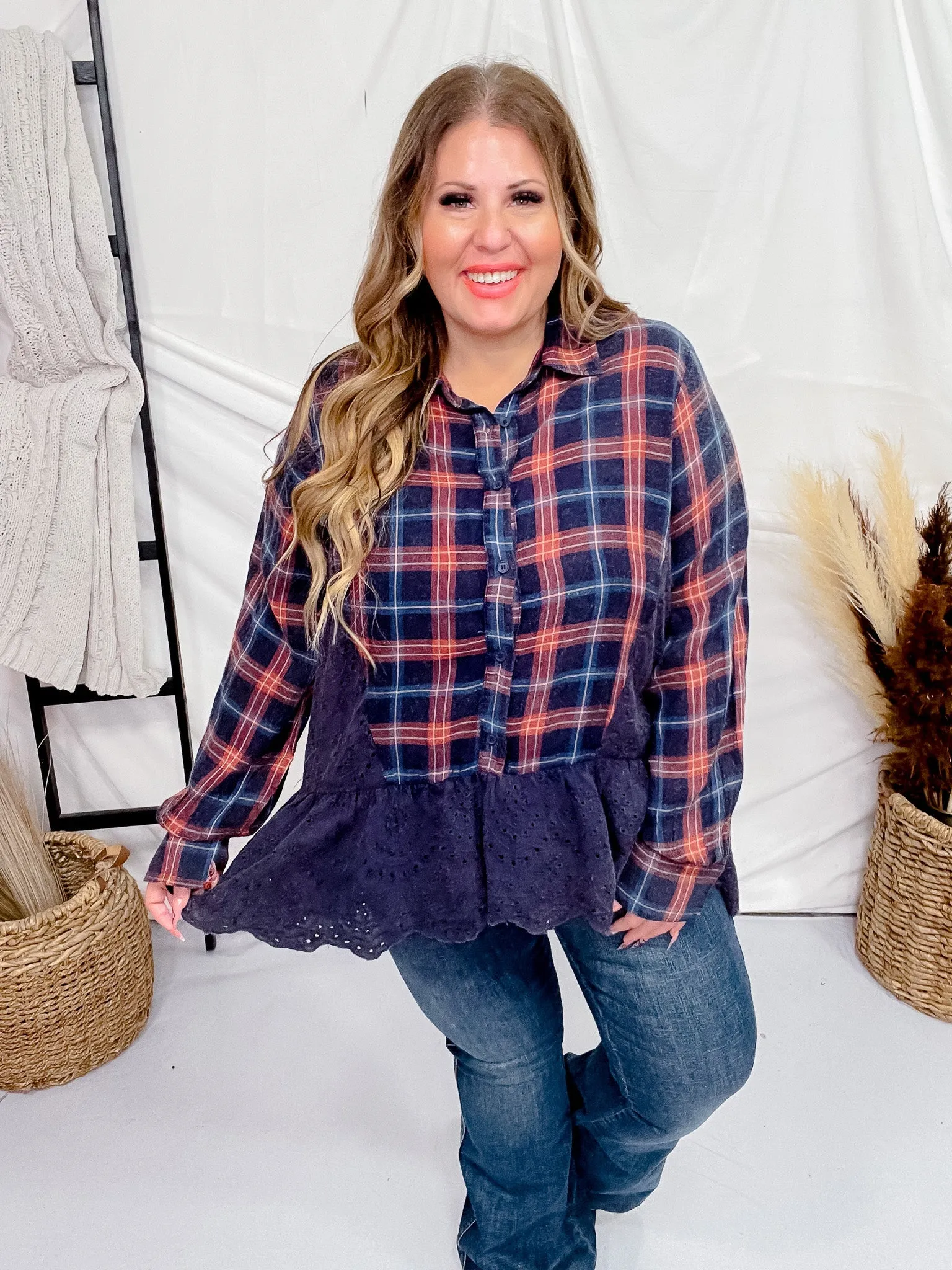 Plaid Eyelet Lace Button Front Top FINAL SALE
