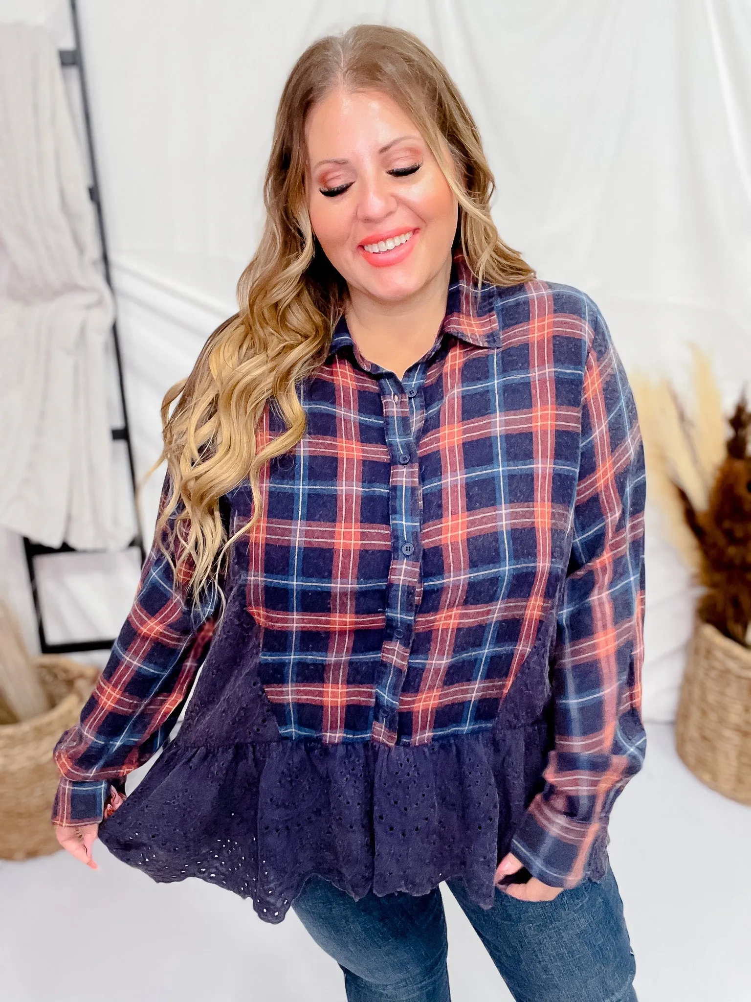 Plaid Eyelet Lace Button Front Top FINAL SALE