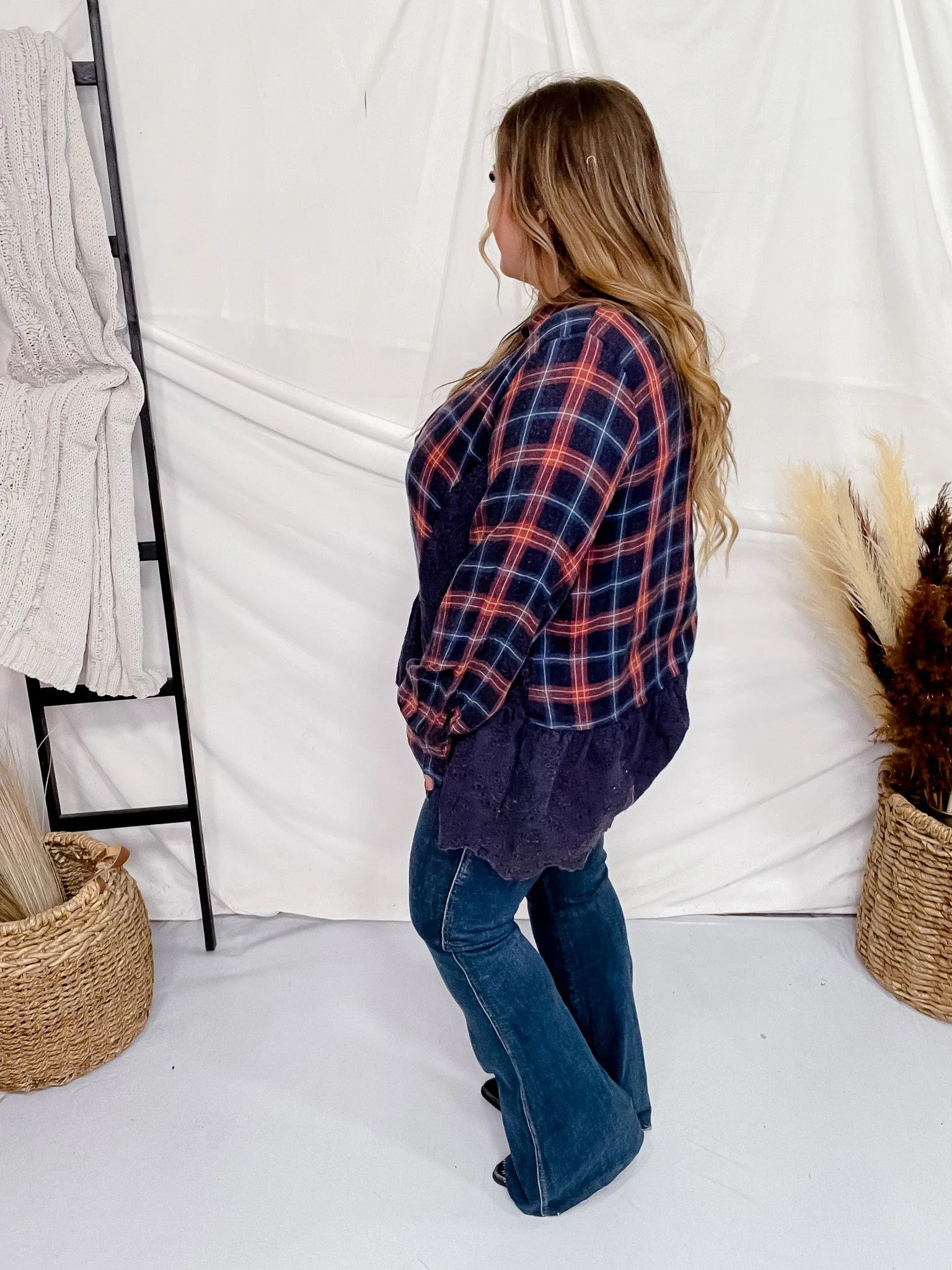 Plaid Eyelet Lace Button Front Top FINAL SALE