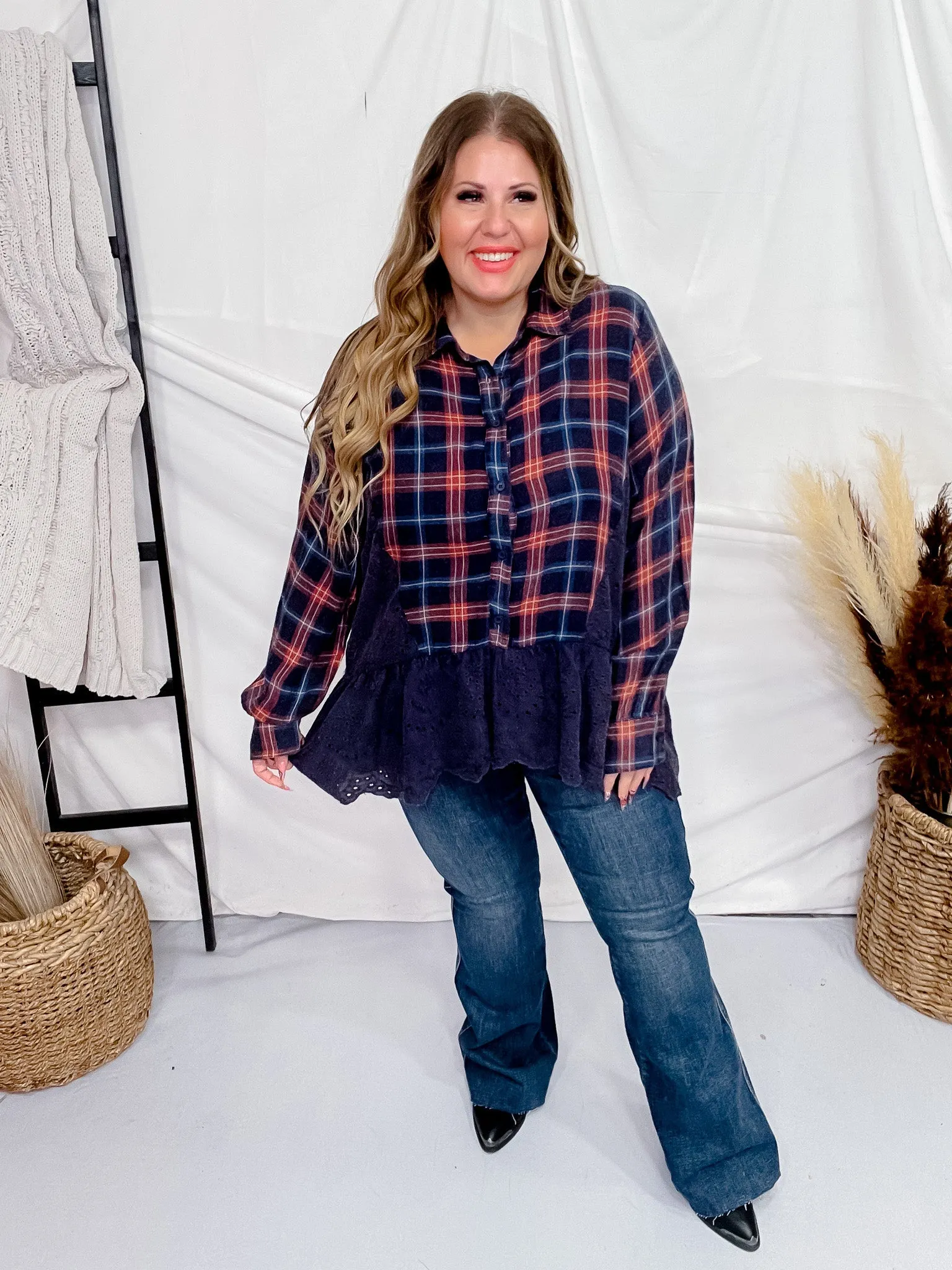Plaid Eyelet Lace Button Front Top FINAL SALE