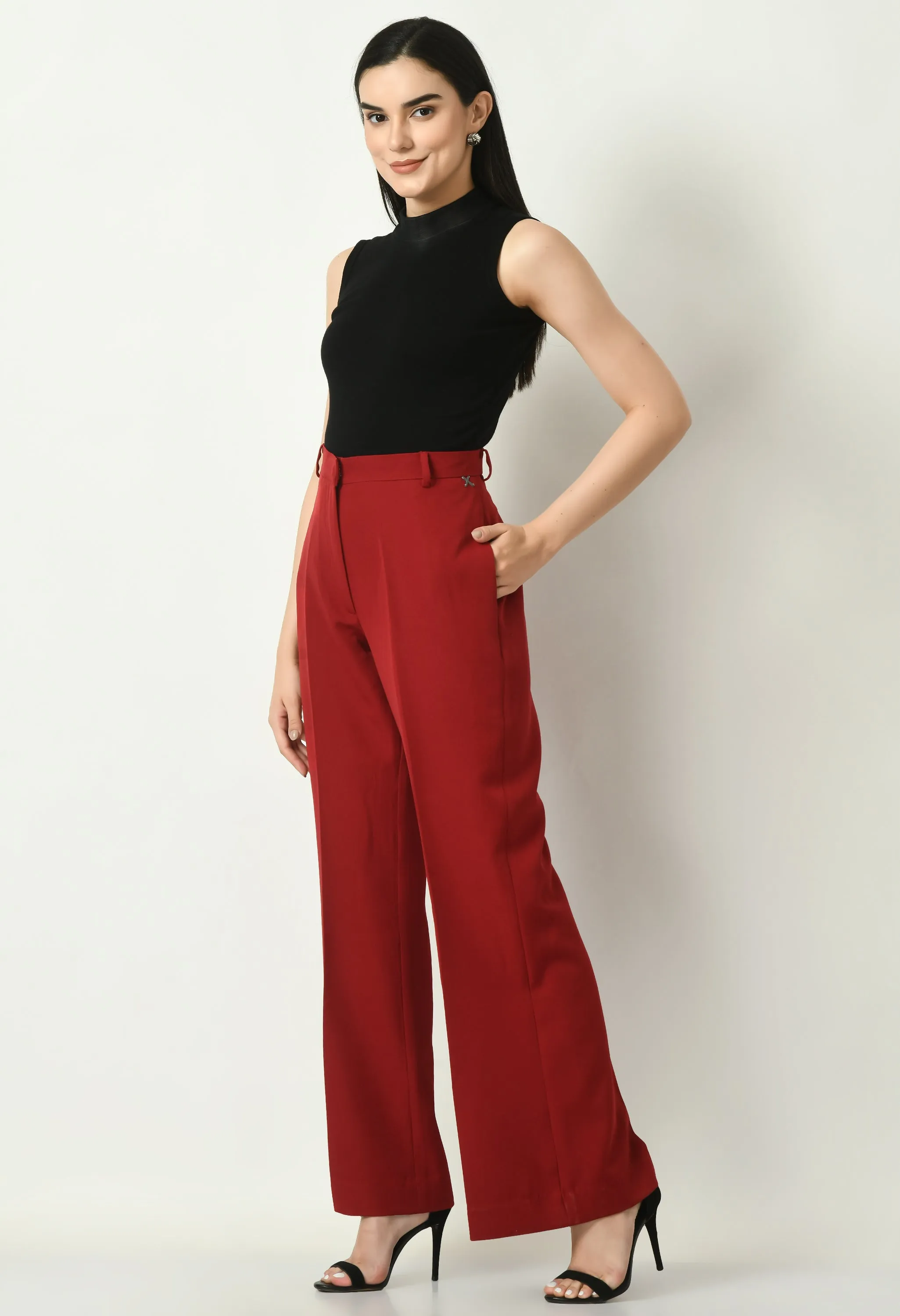 Red Cotton Blend Eminence Solid Bootcut Trouser Only