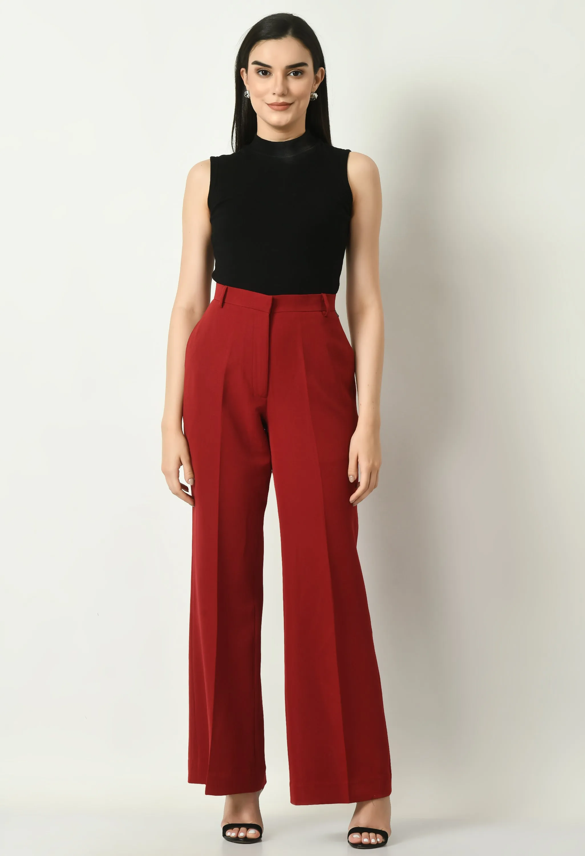 Red Cotton Blend Eminence Solid Bootcut Trouser Only