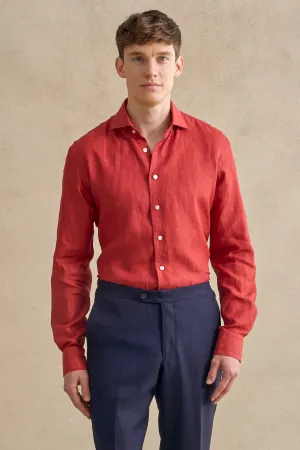 Red Cutaway Collar Standard Fit Linen Shirt