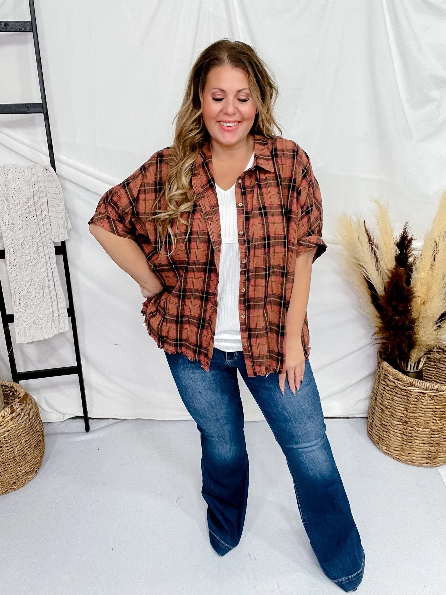 Rosewood Plaid Button Down Short Sleeve Top FINAL SALE