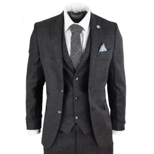 STZ14 - Men's Wool 3 Piece Suit Tweed Charcoal Black Classic
