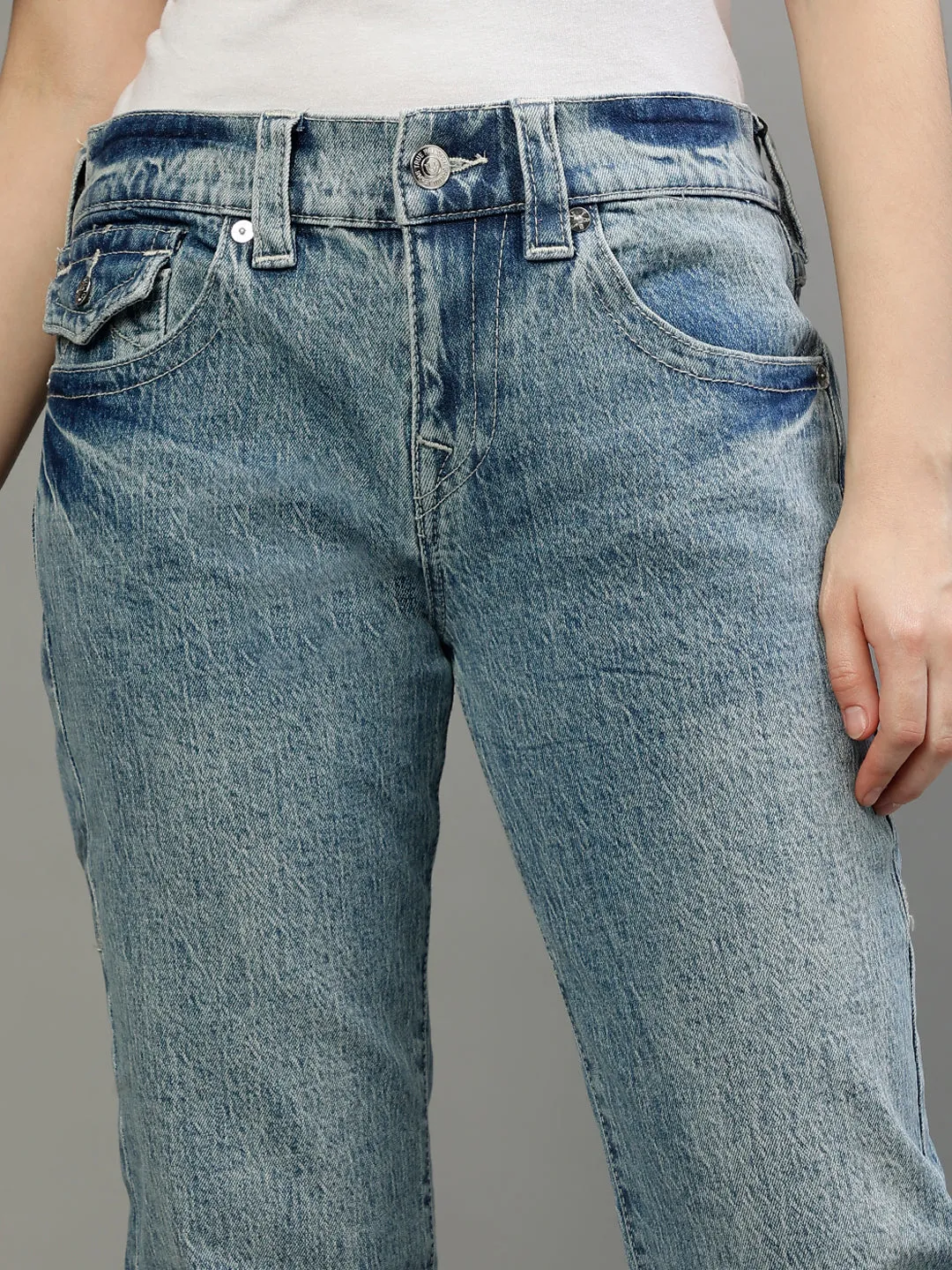True Religion Womens Hs Ricky Relax Straight Fit Blue Mid Rise Jeans