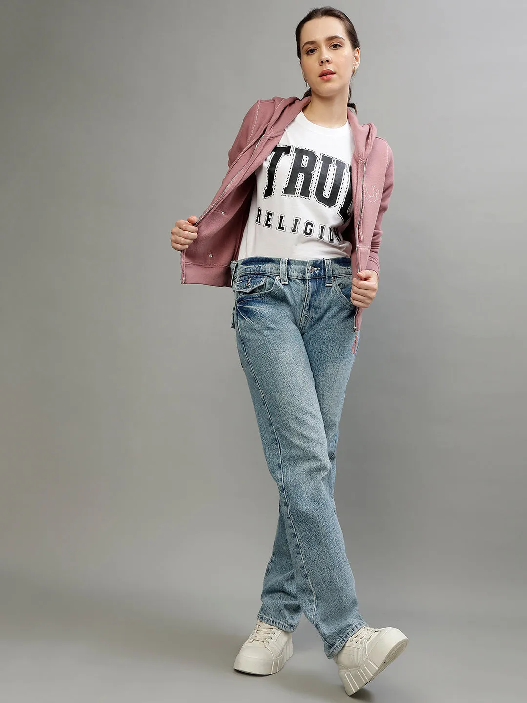 True Religion Womens Hs Ricky Relax Straight Fit Blue Mid Rise Jeans