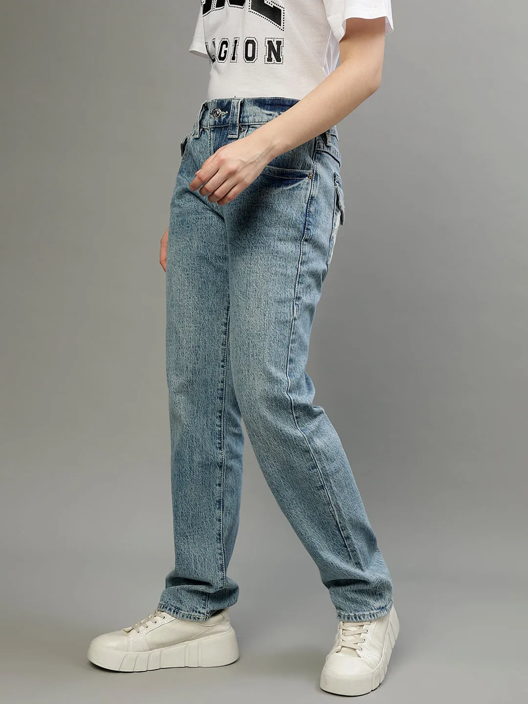 True Religion Womens Hs Ricky Relax Straight Fit Blue Mid Rise Jeans