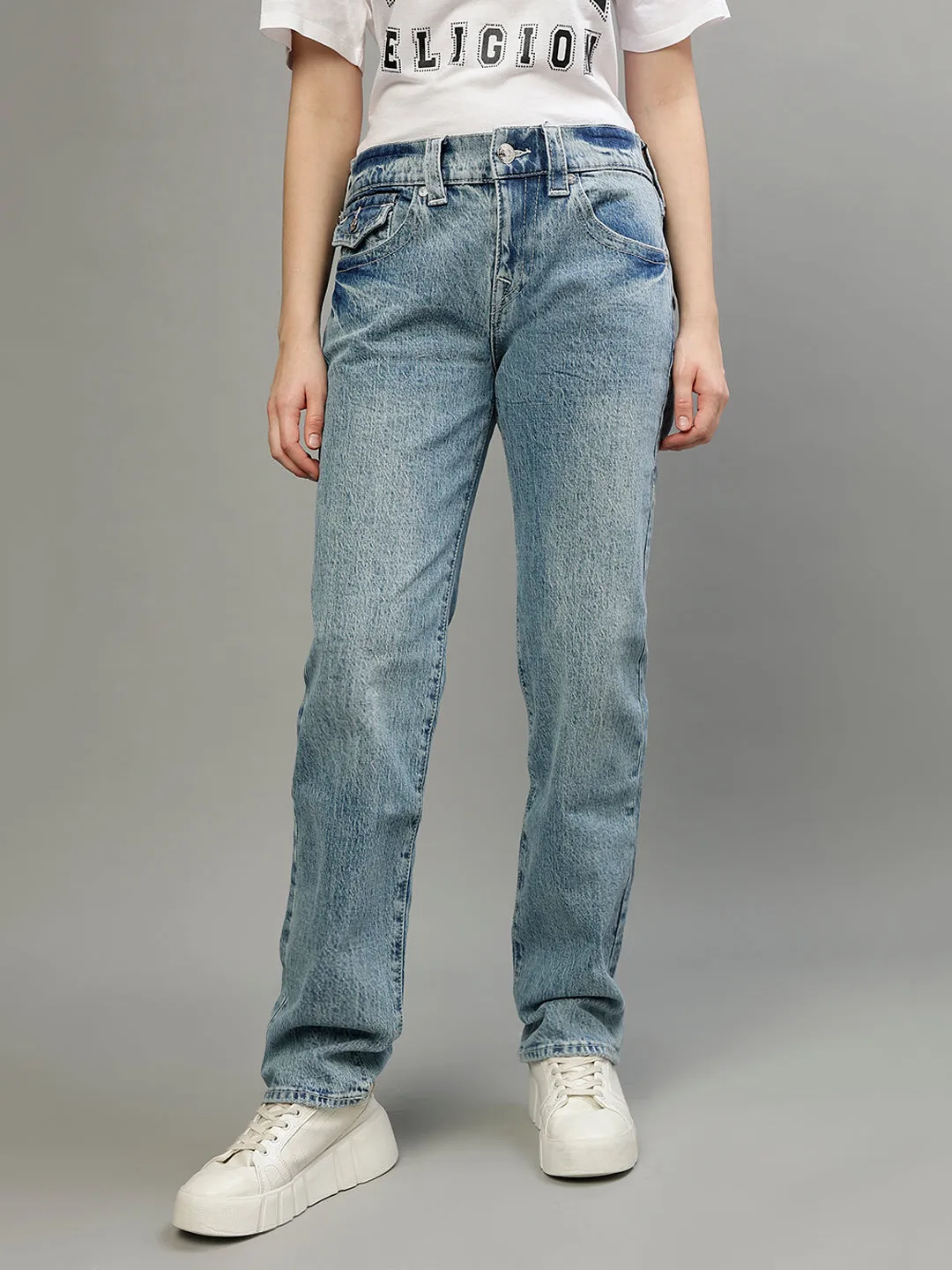 True Religion Womens Hs Ricky Relax Straight Fit Blue Mid Rise Jeans