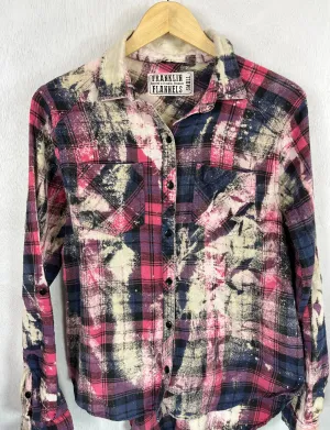 Vintage Navy, Pink, Cream Distressed Flannel Size Small