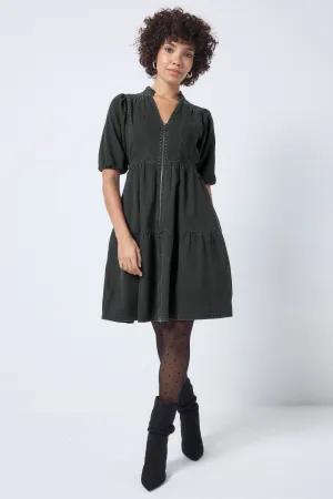 Washed Black Studded Zip Detail Tiered Short Denim Dress