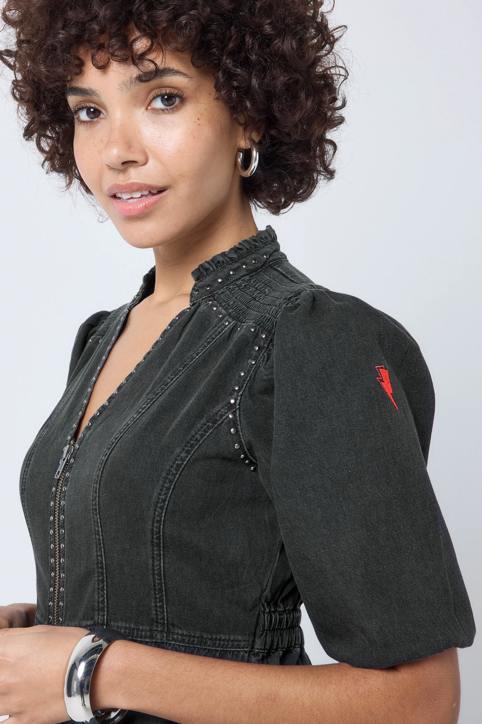 Washed Black Studded Zip Detail Tiered Short Denim Dress