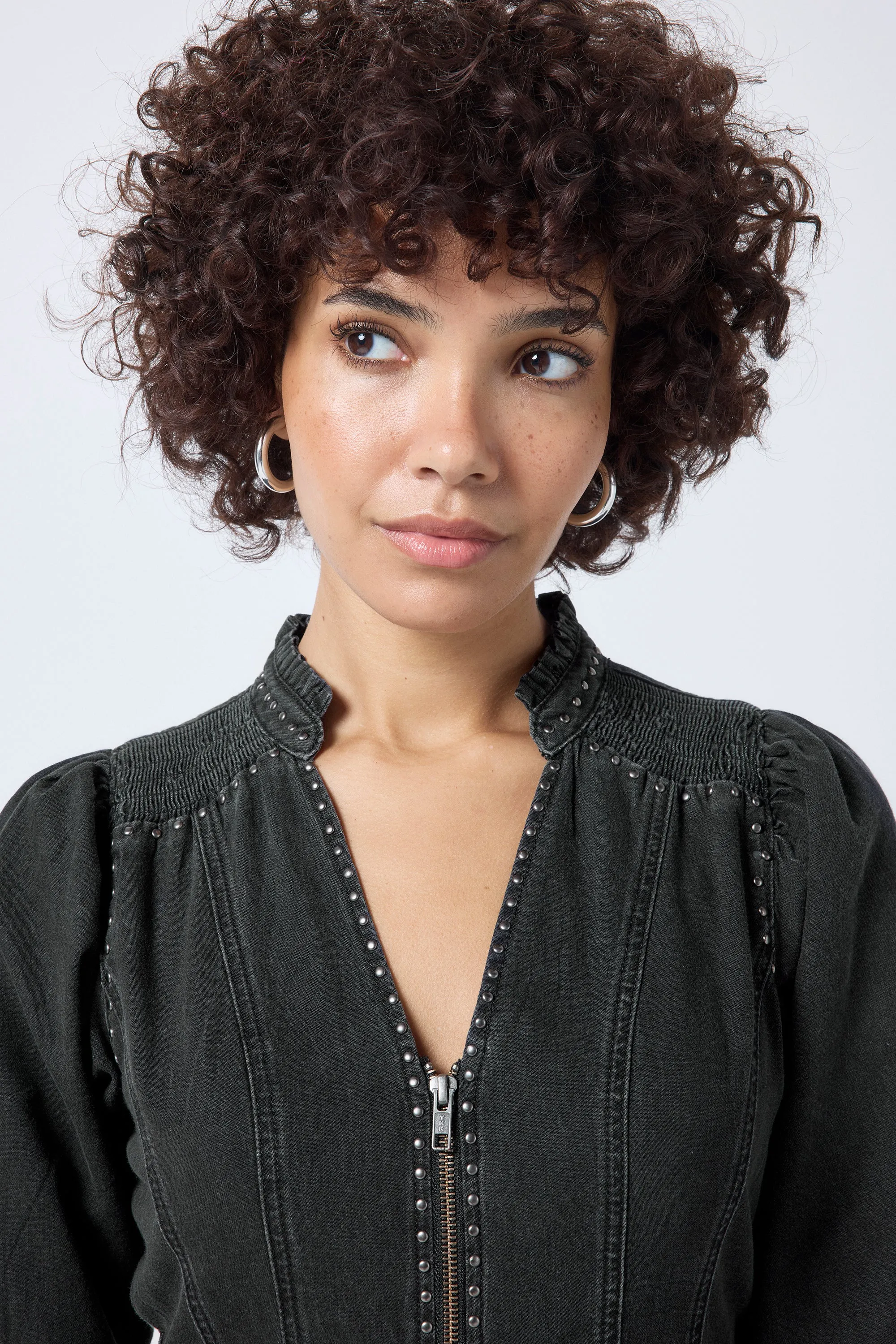 Washed Black Studded Zip Detail Tiered Short Denim Dress