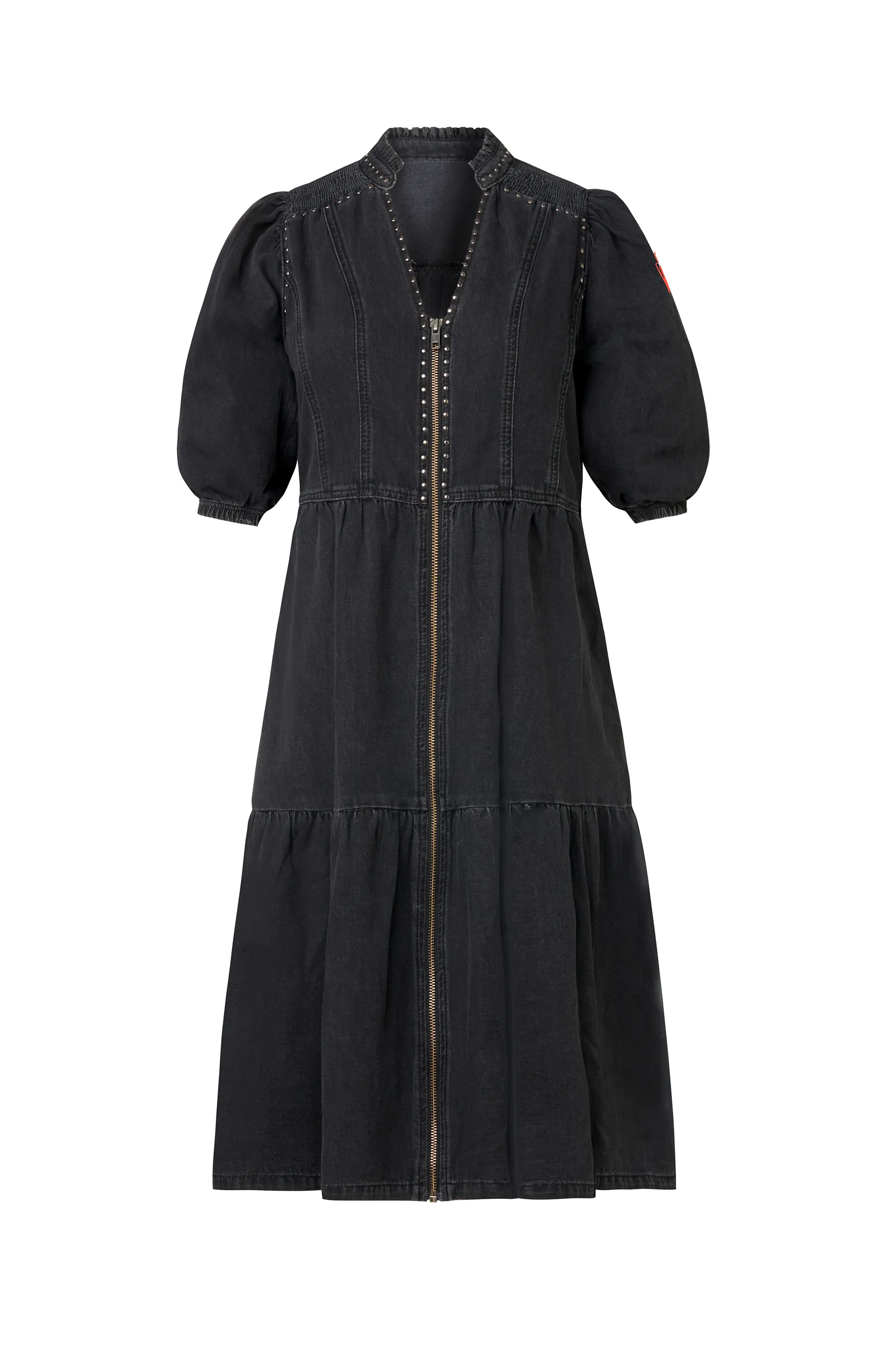 Washed Black Studded Zip Detail Tiered Short Denim Dress