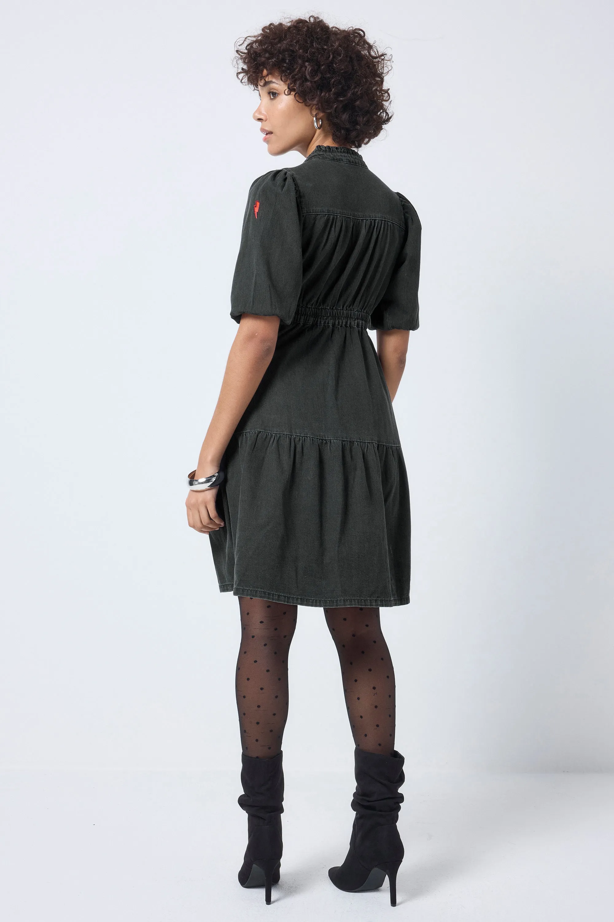 Washed Black Studded Zip Detail Tiered Short Denim Dress