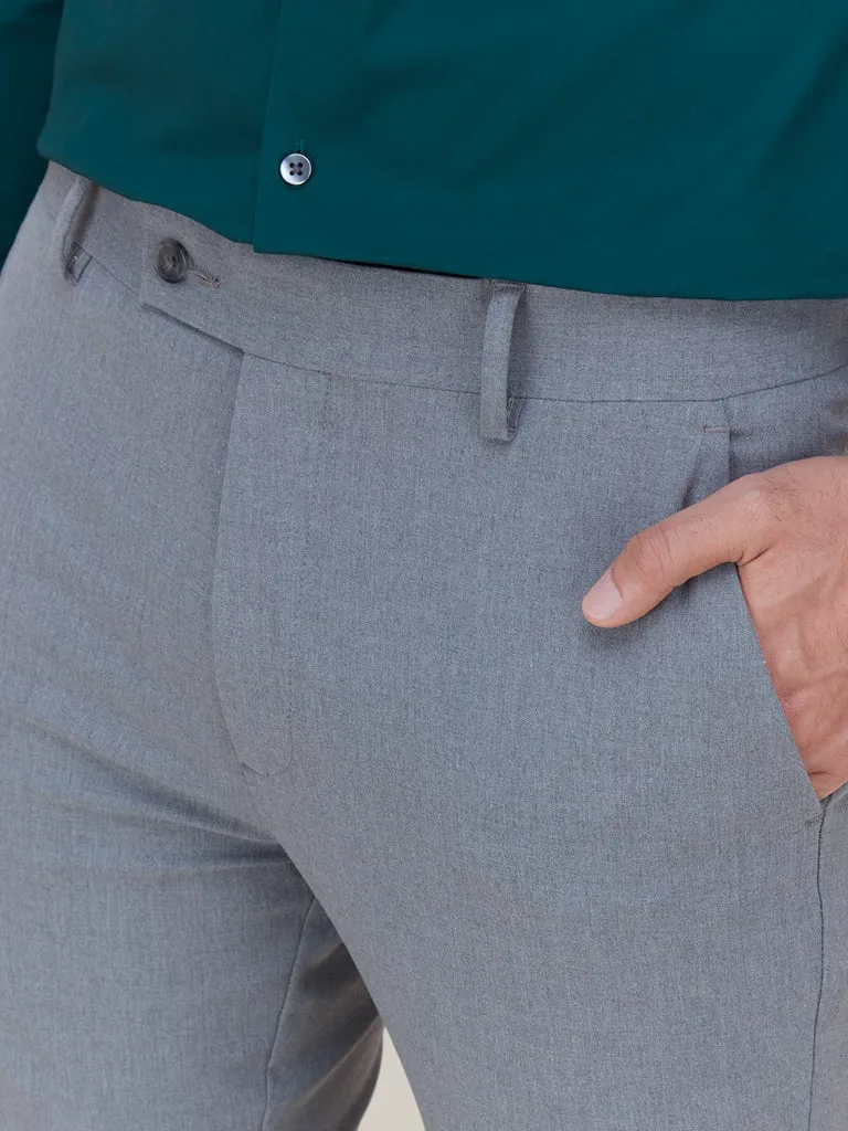 WES Formals Grey Slim-Fit Mid-Rise Trousers