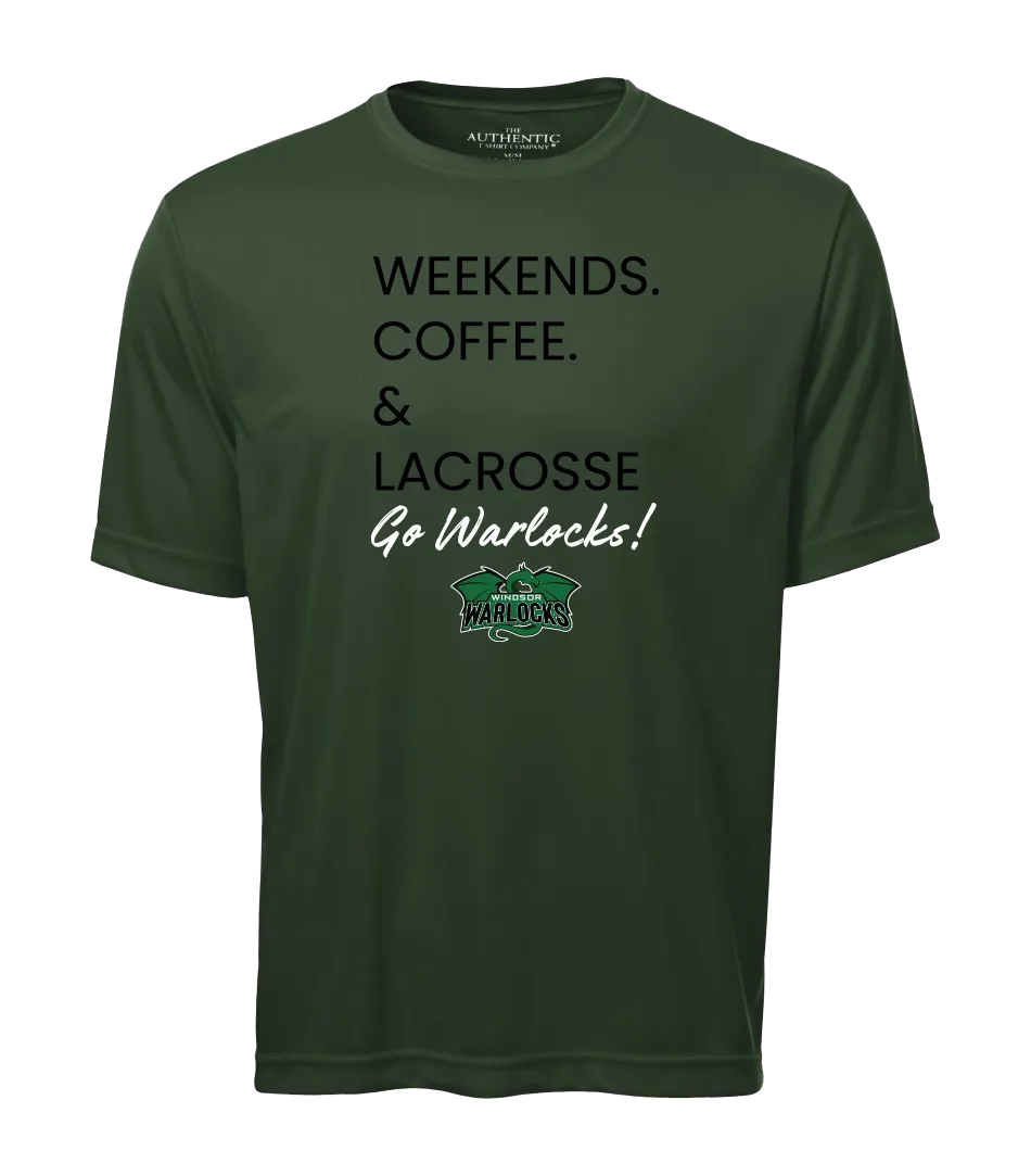 Windsor Warlocks Weekends. Coffee & Lacrosse Adult Dri-Fit T-Shirt with Printed Logo