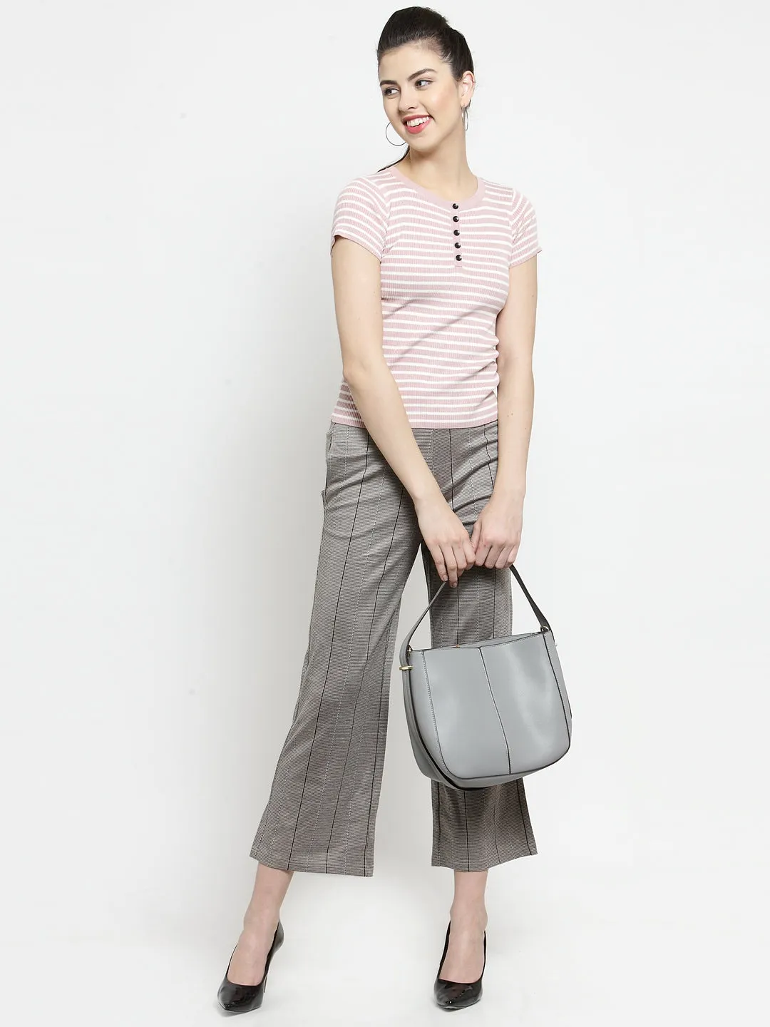 Women Brown Flared Trousers With Stripe Pattern